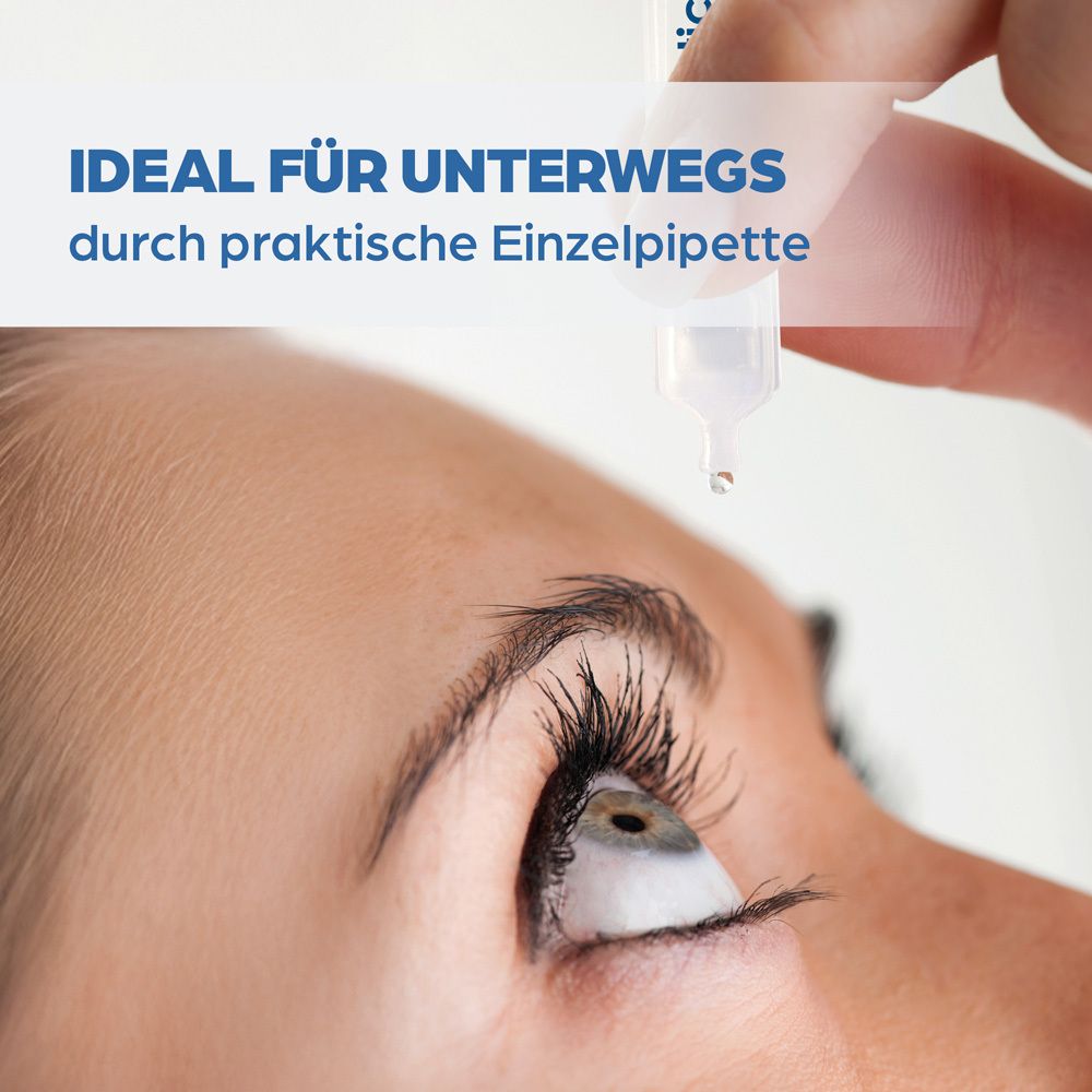 Auge mit Tropfen aus Einzelpipette. Text: IDEAL FÜR UNTERWEGS durch praktische Einzelpipette.