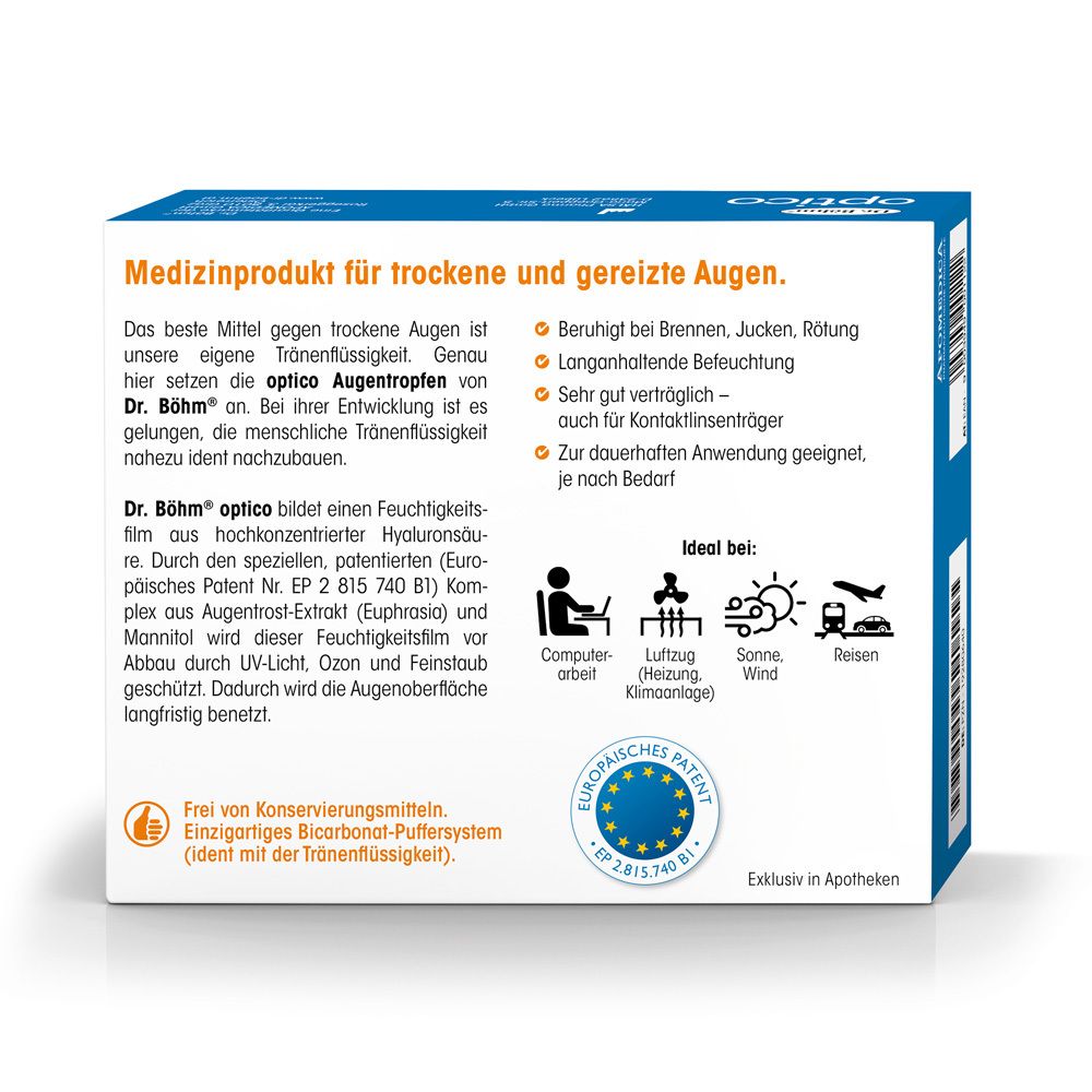 Rückseite der Dr. Böhm® optico Packung. Text: Medizinprodukt für trockene und gereizte Augen. Europäisches Patent.