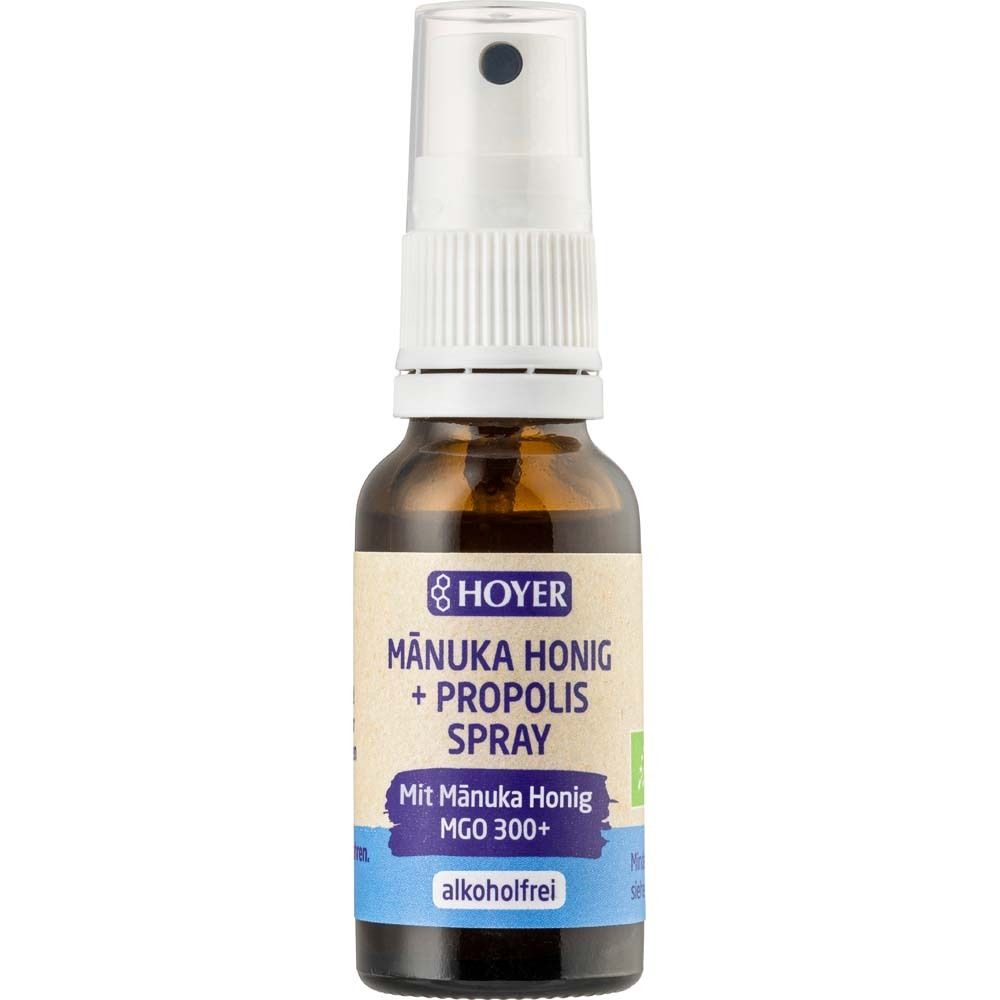 Braune Glasflasche mit Sprühkopf. Aufdruck: Hoyer Manuka Honig + Propolis Spray. Mit MGO 300+. Alkoholfrei.