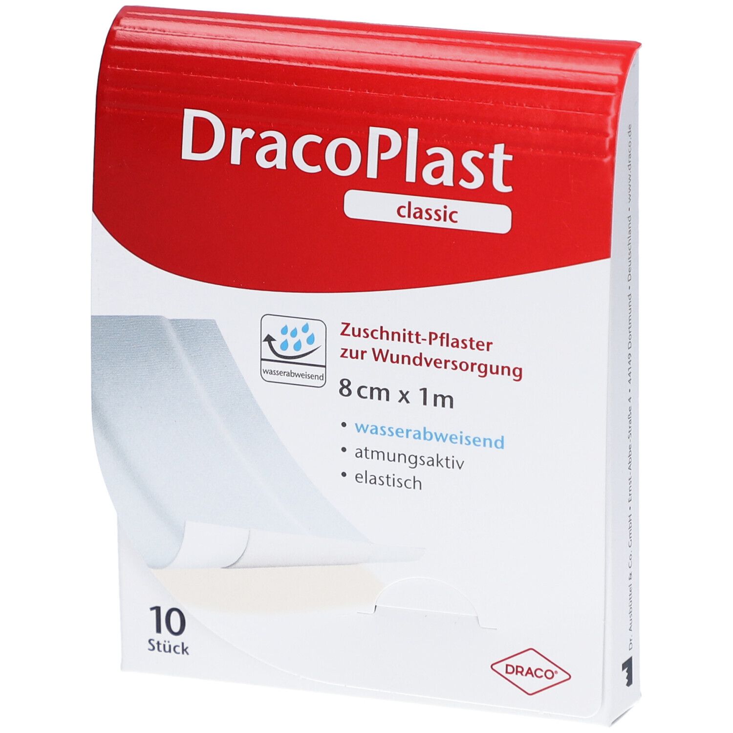Verpackung von DracoPlast Classic Pflaster. Enthält 10 Stück. Aufschrift: 8 cm x 1 m, wasserabweisend, atmungsaktiv, elastisch.