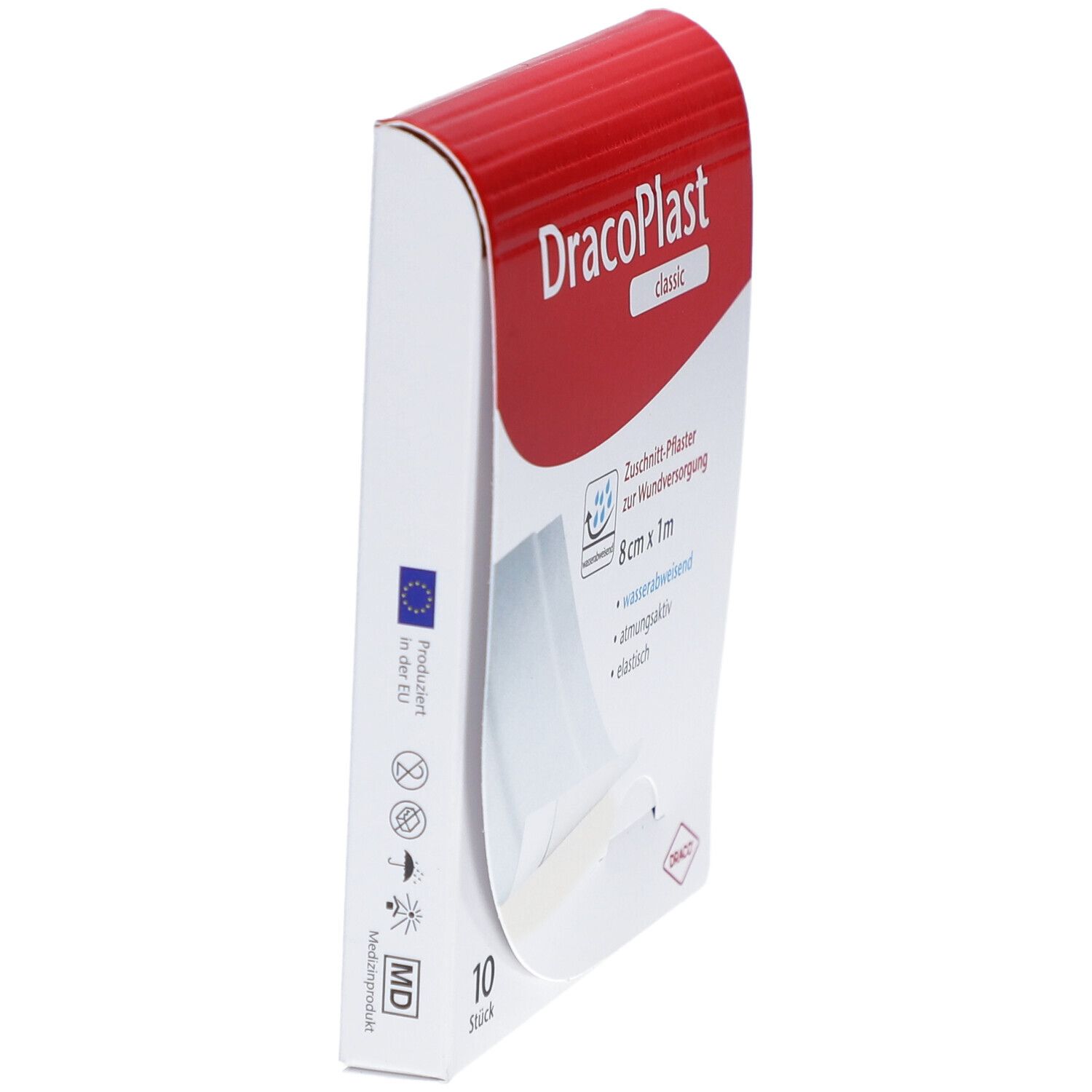 Seitenansicht der Verpackung von DracoPlast Classic Pflaster. Aufschrift: 8 cm x 1 m, wasserabweisend, atmungsaktiv, elastisch. 10 Stück.