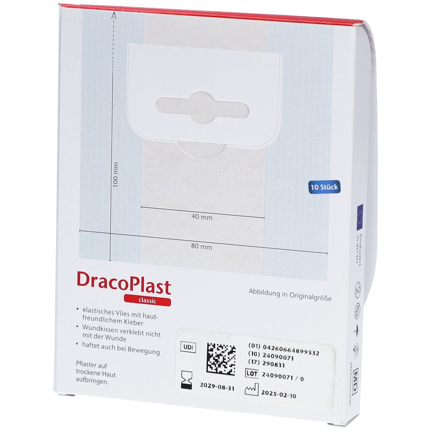 Rückseite der Verpackung von DracoPlast Classic Pflaster. Maße: 80 mm x 100 mm. Enthält 10 Stück. UDI-Code und Verfallsdatum.