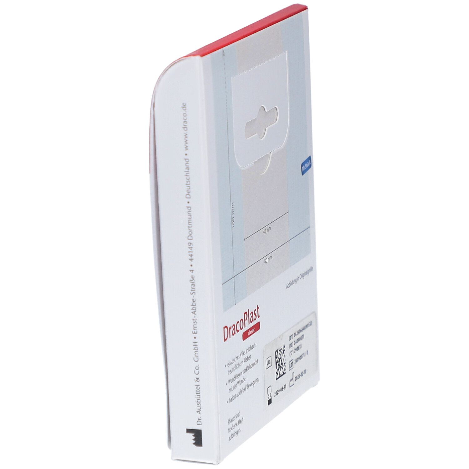 Seitenansicht der Verpackung von DracoPlast Classic Pflaster. Aufschrift: DracoPlast. UDI-Code und Verfallsdatum.