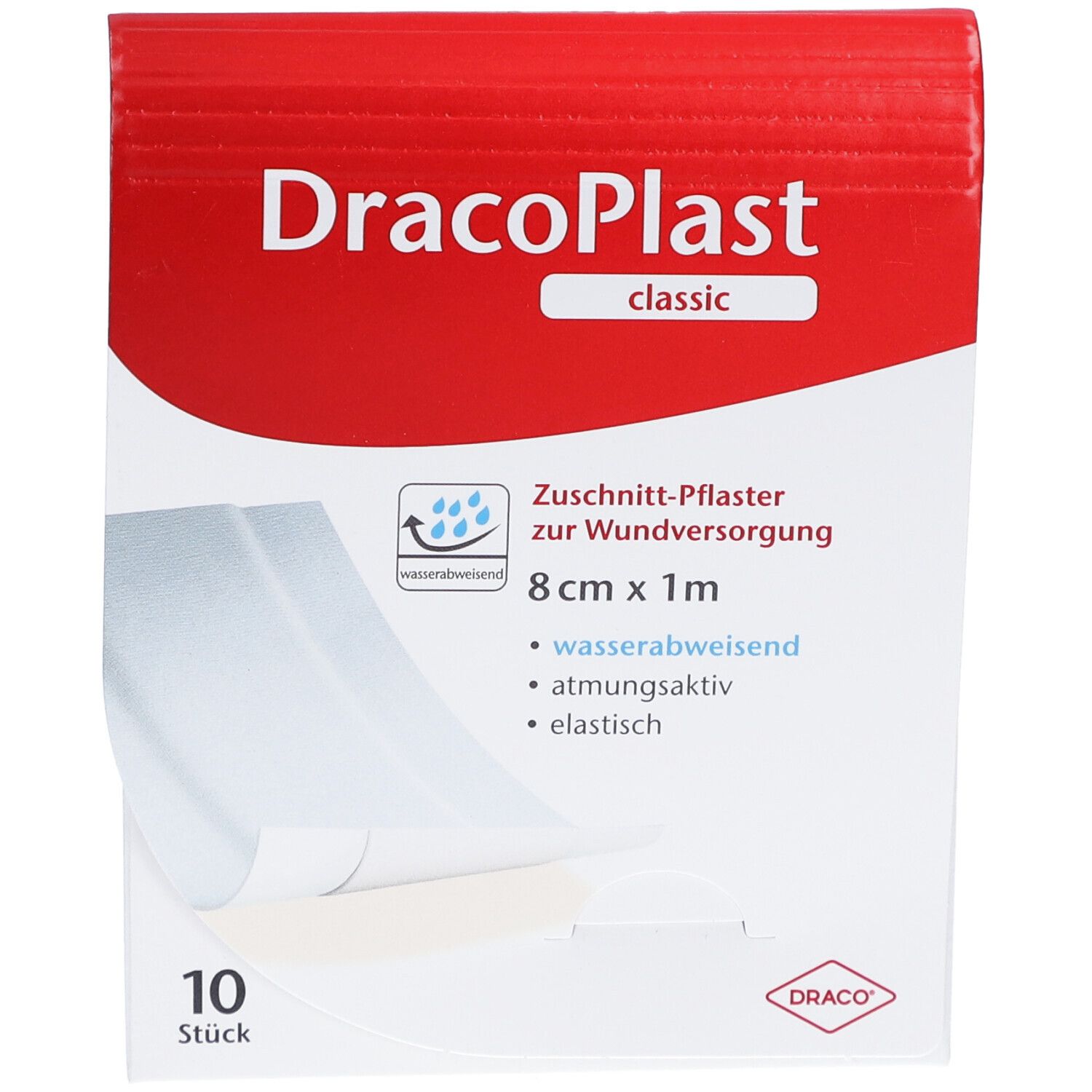 Verpackung von DracoPlast Classic Pflaster. Aufschrift: 8 cm x 1 m, wasserabweisend, atmungsaktiv, elastisch. Enthält 10 Stück.