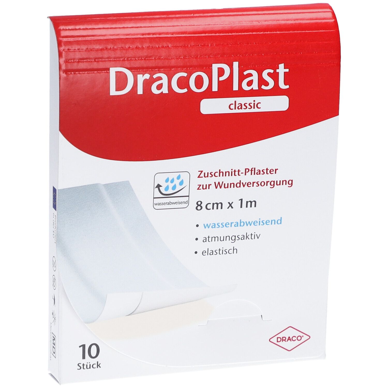 Verpackung von DracoPlast Classic Pflaster. Aufschrift: 8 cm x 1 m, wasserabweisend, atmungsaktiv, elastisch. Enthält 10 Stück.