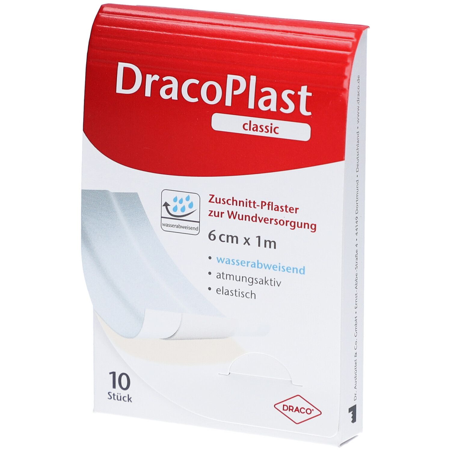 DracoPlast Classic Pflaster-Packung. Weiß, zuschneidbar, 6 cm x 1 m. 10 Stück. Wasserabweisend, atmungsaktiv, elastisch.