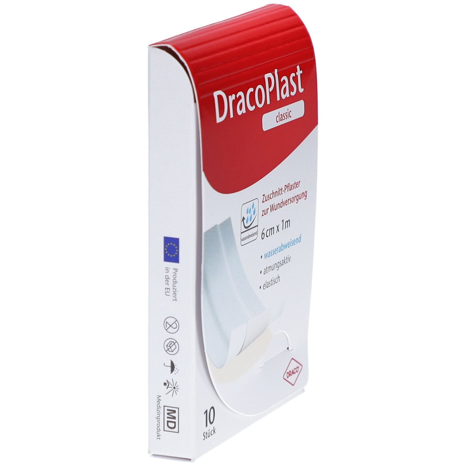 DracoPlast Classic Pflaster-Packung, Seitenansicht. Weiß, zuschneidbar, 6 cm x 1 m. 10 Stück. Mit EU-Logo und MD-Kennzeichnung.