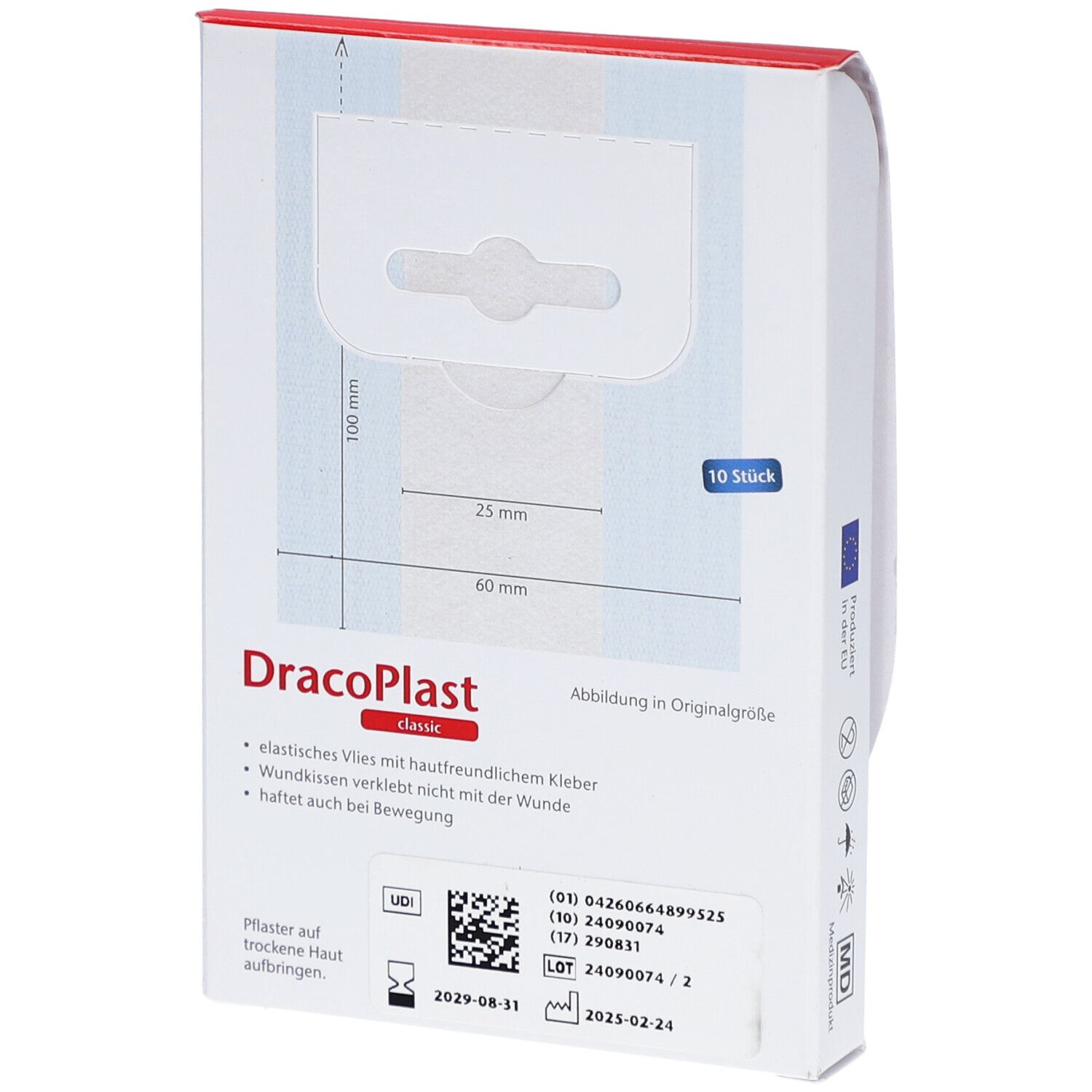 Rückseite der DracoPlast Classic Pflaster-Packung. Größenangaben: 25 mm, 60 mm, 100 mm. 10 Stück. UDI-Code, Chargennummer, Verfallsdatum.