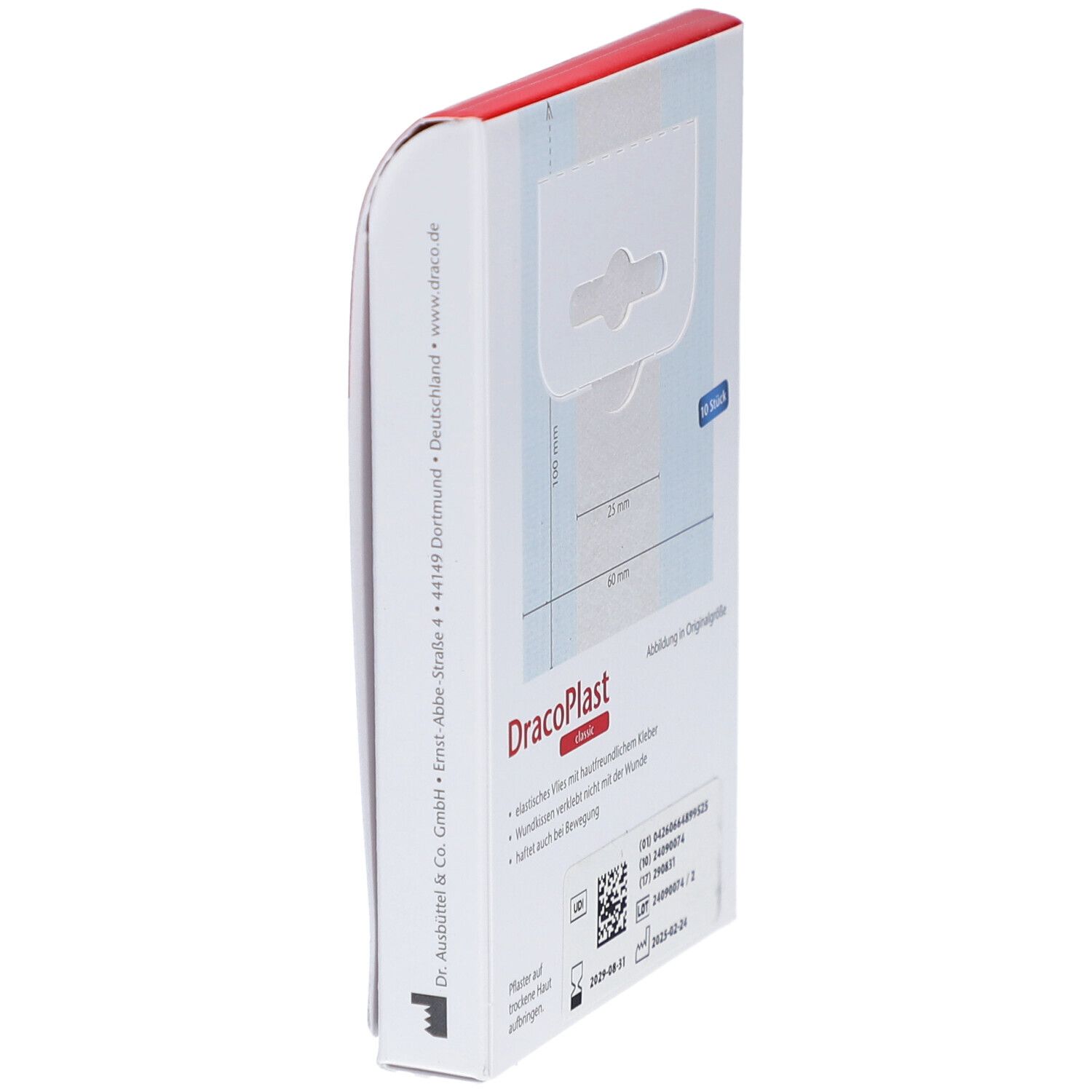 Seitenansicht der DracoPlast Classic Pflaster-Packung. Größenangaben. UDI-Code, Chargennummer, Verfallsdatum. Herstelleradresse.
