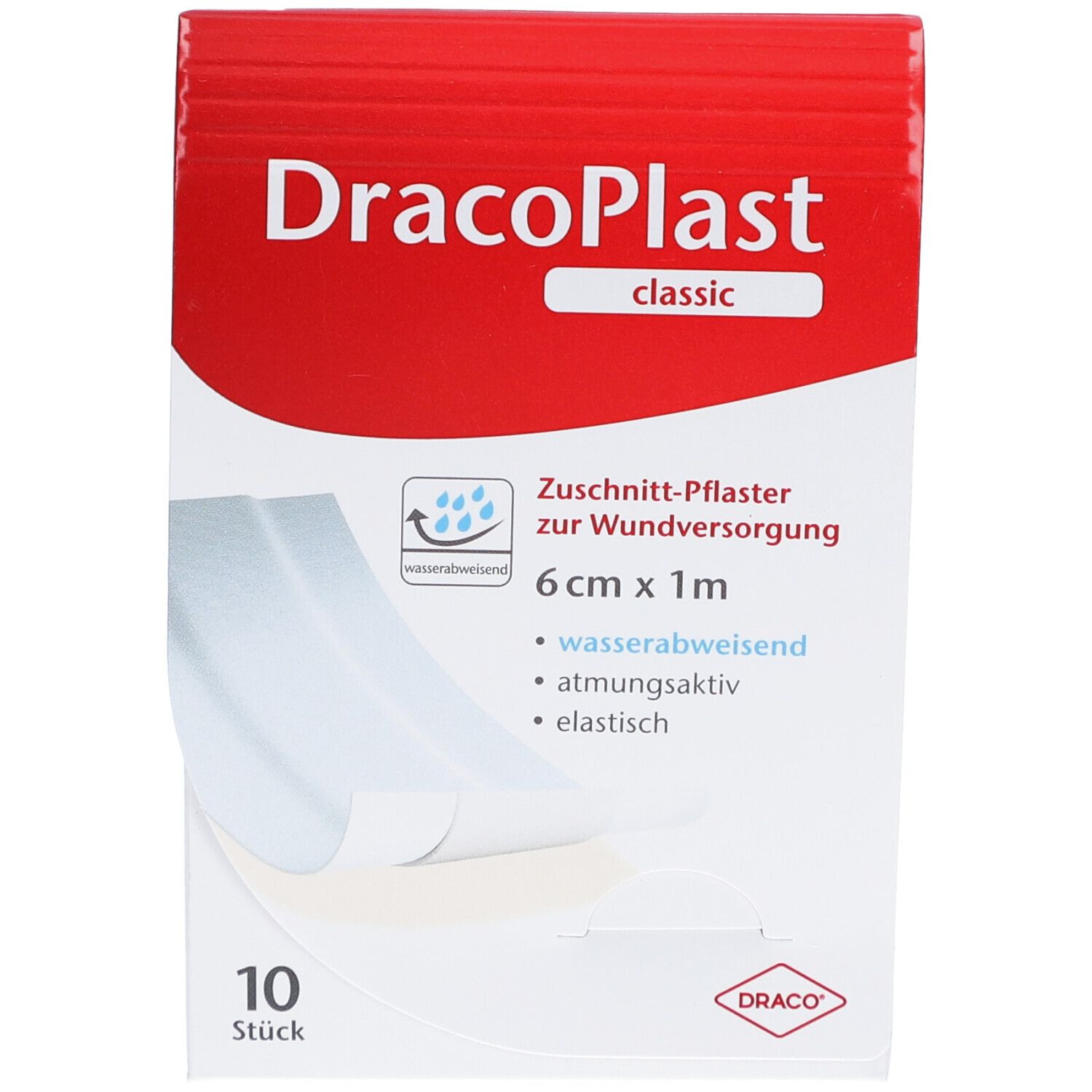 DracoPlast Classic Pflaster-Packung. Weiß, zuschneidbar, 6 cm x 1 m. 10 Stück. Wasserabweisend, atmungsaktiv, elastisch. DRACO-Logo.