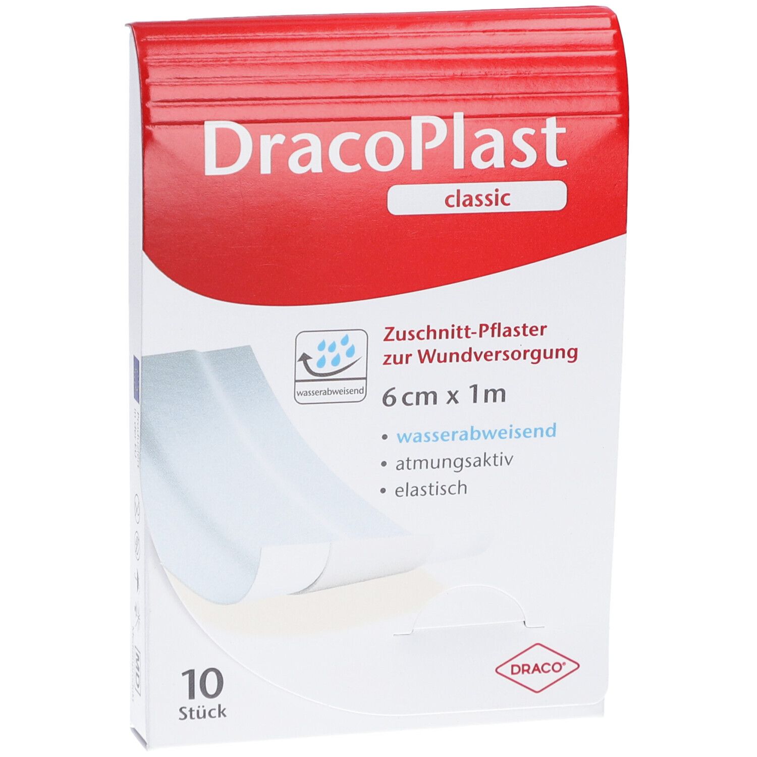 DracoPlast Classic Pflaster-Packung. Weiß, zuschneidbar, 6 cm x 1 m. 10 Stück. Wasserabweisend, atmungsaktiv, elastisch. DRACO-Logo.
