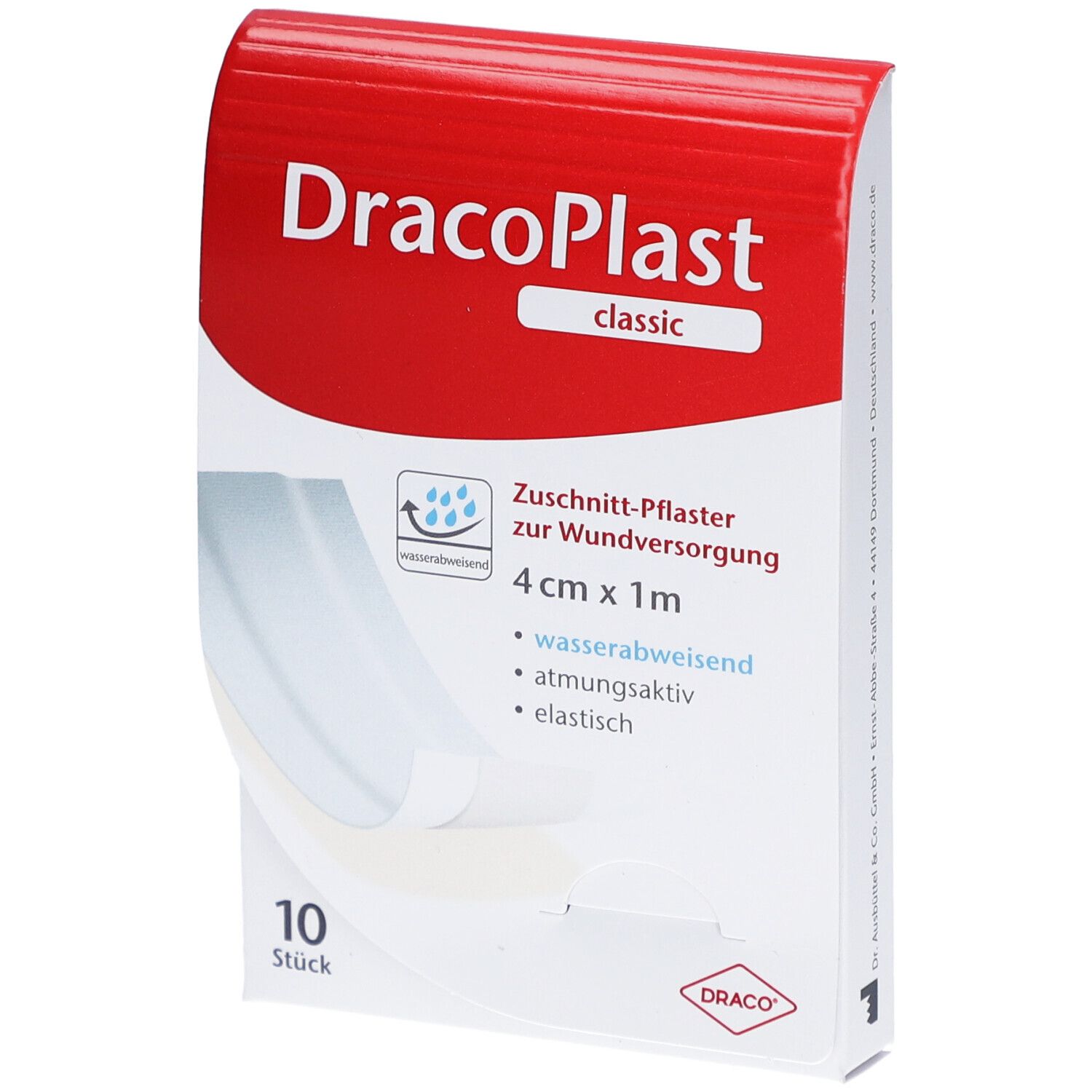 Verpackung von DracoPlast Classic Pflaster. Weißes Pflaster, 4 cm x 1 m, zuschneidbar. 10 Stück. Wasserabweisend, atmungsaktiv, elastisch.
