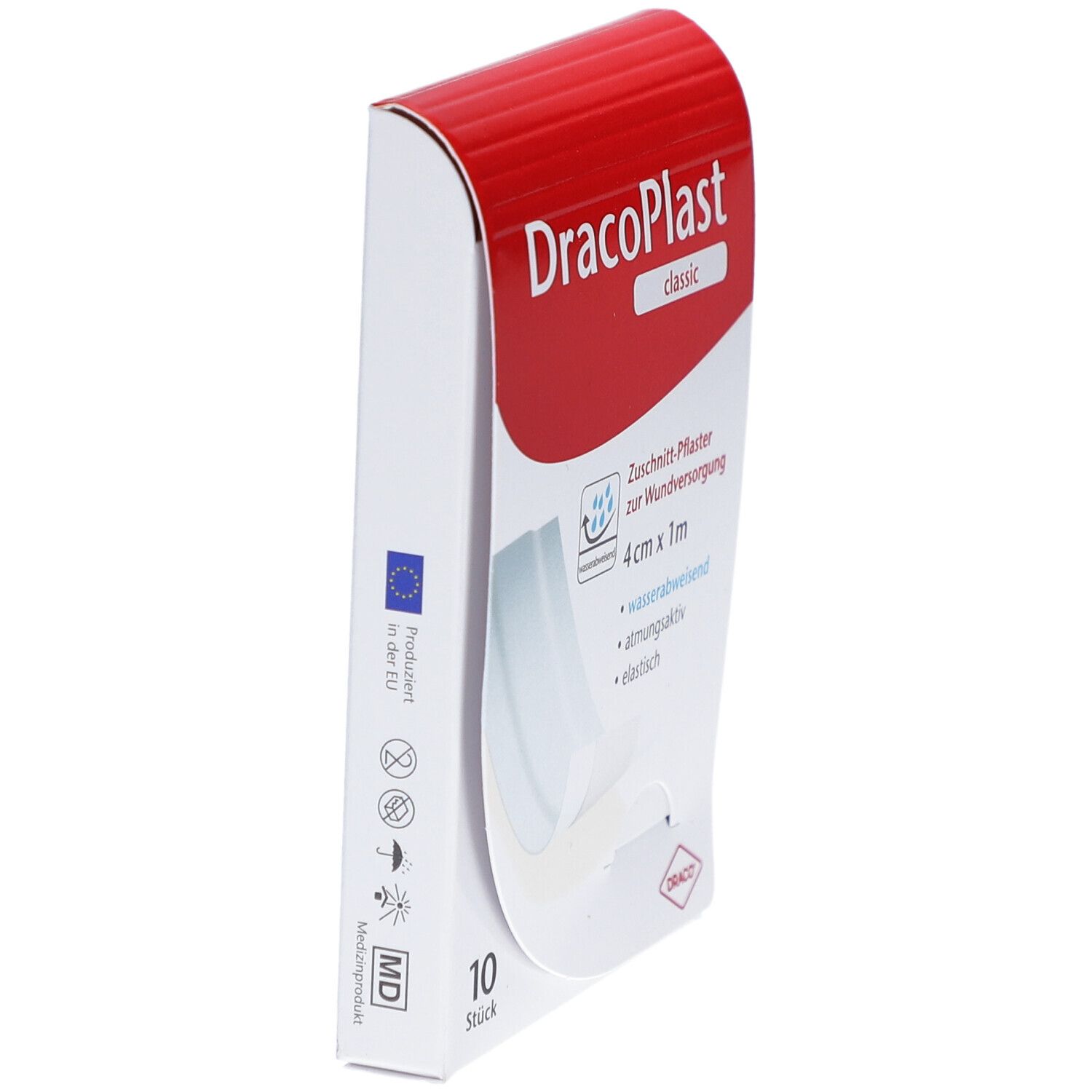 Verpackung von DracoPlast Classic Pflaster. Seitenansicht. 10 Stück. EU-Kennzeichnung. Zuschneidbar, 4 cm x 1 m. Wasserabweisend, atmungsaktiv, elastisch.