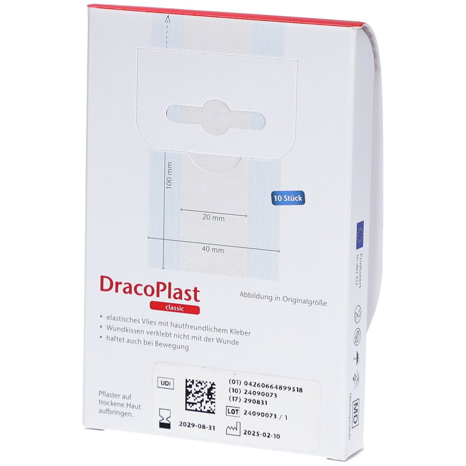 Rückseite der Verpackung von DracoPlast Classic Pflaster. Maße: 20 mm, 40 mm, 100 mm. 10 Stück. UDI-Code. Haltbarkeit bis 2025-02-10.