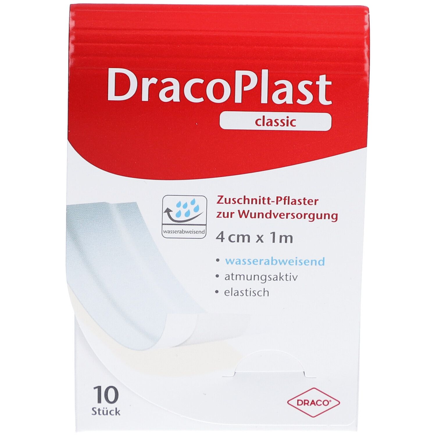 Verpackung von DracoPlast Classic Pflaster. Weißes Pflaster, 4 cm x 1 m, zuschneidbar. 10 Stück. Wasserabweisend, atmungsaktiv, elastisch. DRACO-Logo.