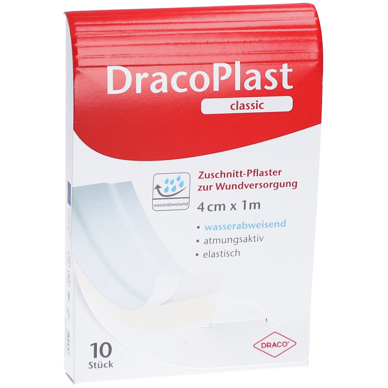 Verpackung von DracoPlast Classic Pflaster. Weißes Pflaster, 4 cm x 1 m, zuschneidbar. 10 Stück. Wasserabweisend, atmungsaktiv, elastisch. DRACO-Logo.