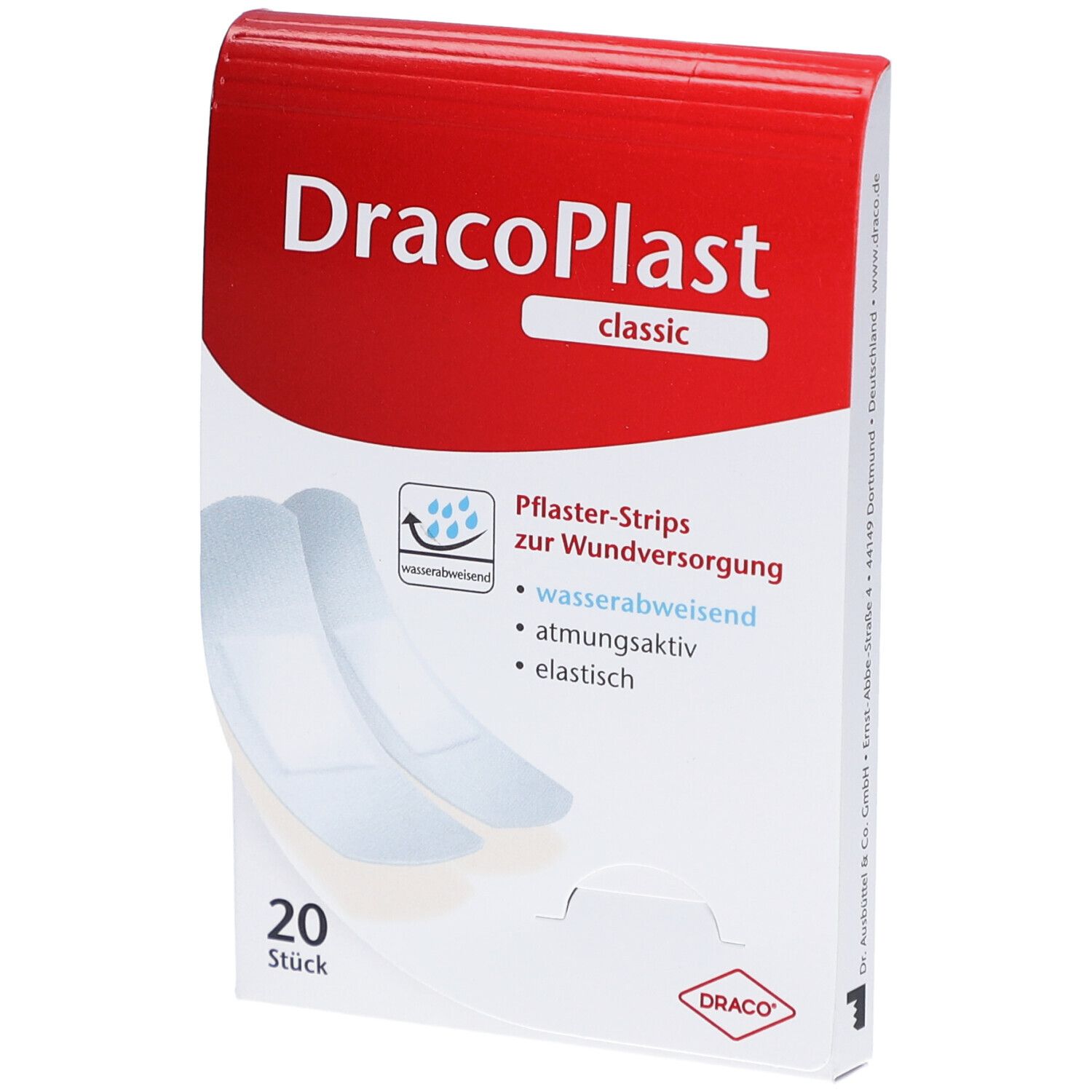 Verpackung mit DracoPlast classic Pflasterstrips. 20 Stück. Wasserabweisend, atmungsaktiv, elastisch.