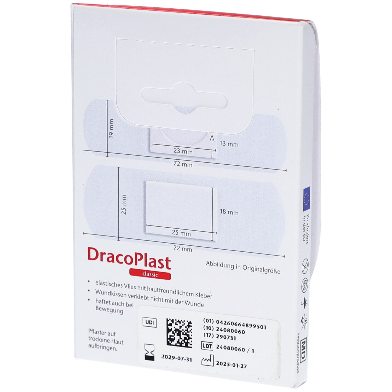 Rückseite der DracoPlast classic Pflasterstrips-Verpackung. Größenangaben der Pflaster. UDI-Code und Verfallsdatum.