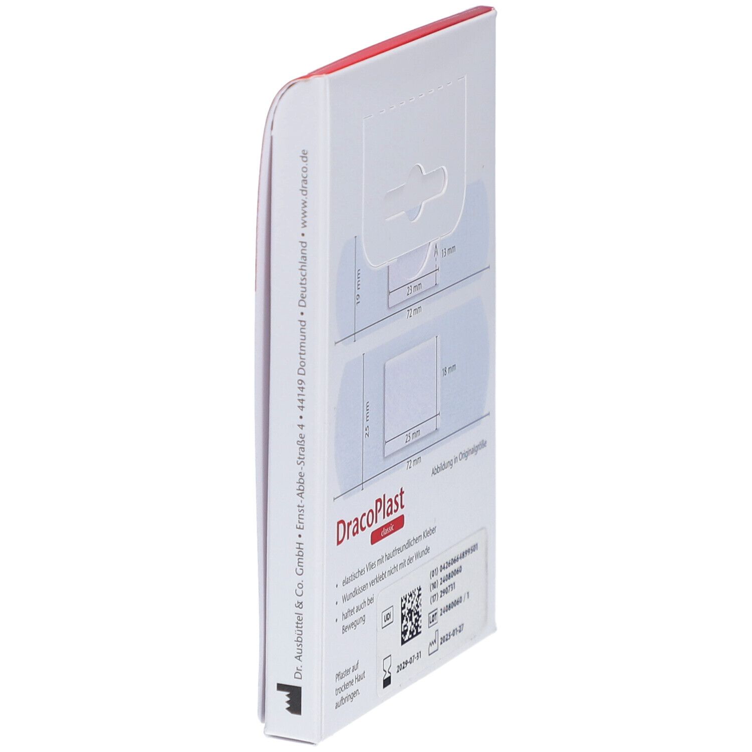 DracoPlast classic Pflasterstrips-Verpackung, Seitenansicht. Größenangaben der Pflaster. UDI-Code und Verfallsdatum.