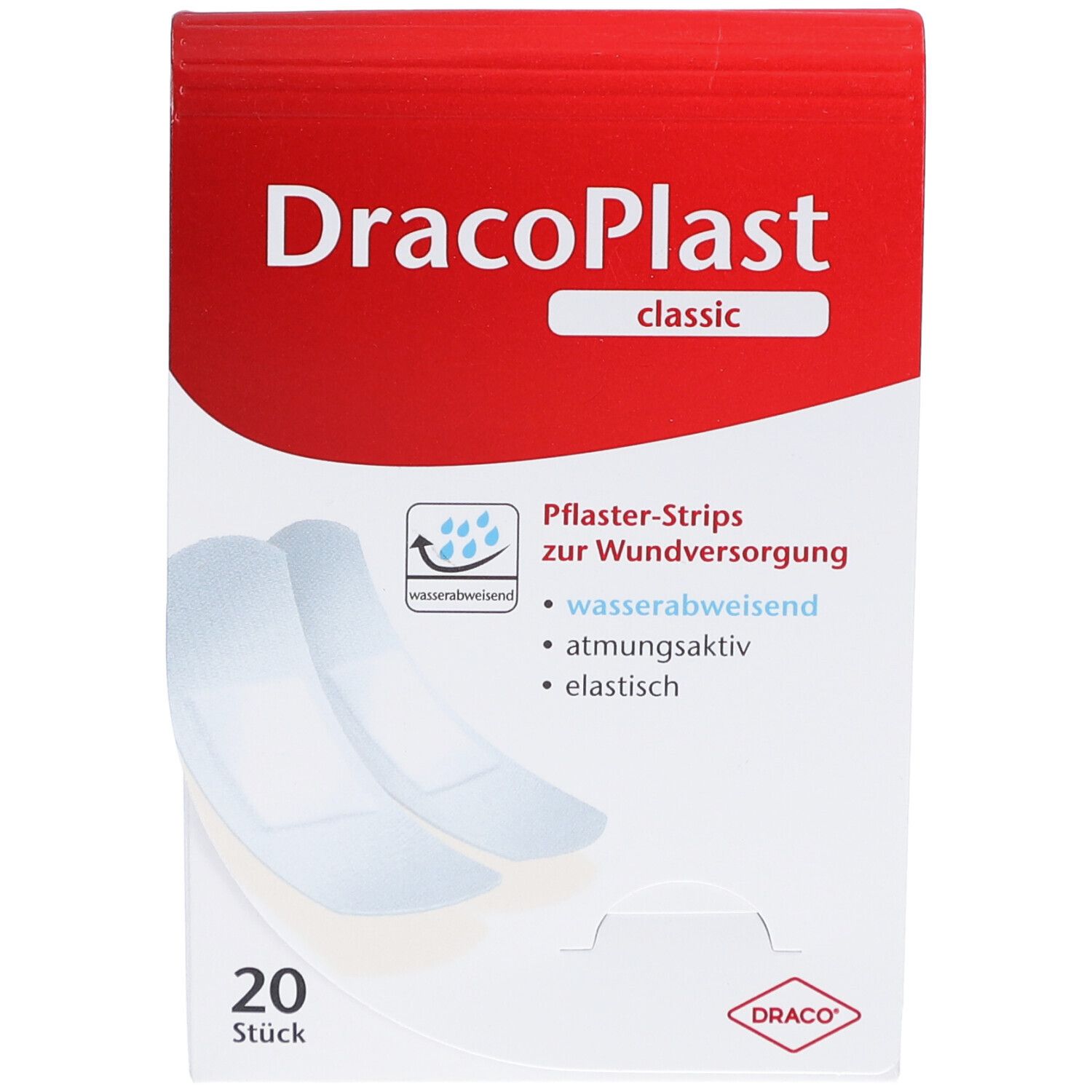 DracoPlast classic Pflasterstrips-Verpackung. 20 Stück. Wasserabweisend, atmungsaktiv, elastisch. Rote und weiße Verpackung.