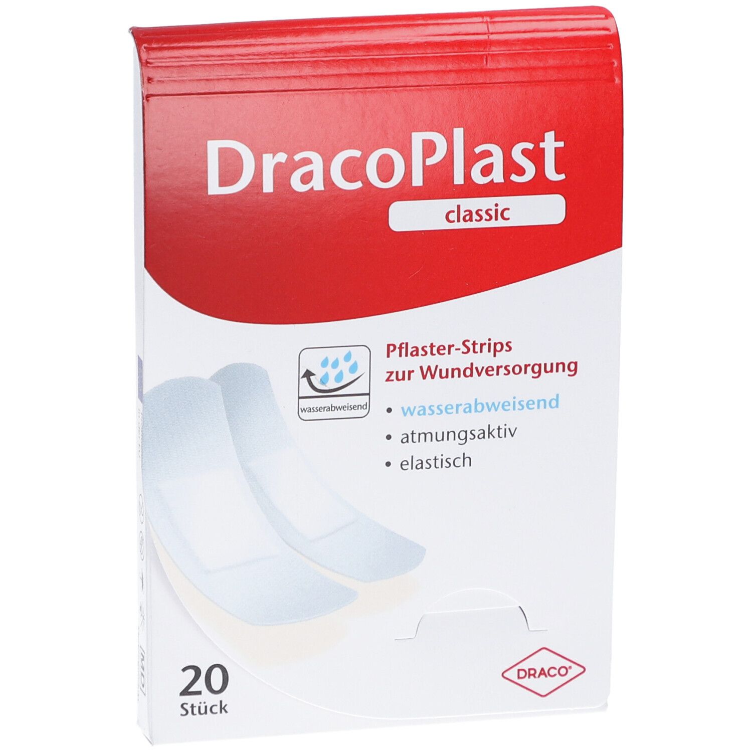 DracoPlast classic Pflasterstrips-Verpackung. 20 Stück. Wasserabweisend, atmungsaktiv, elastisch. Rote und weiße Verpackung.