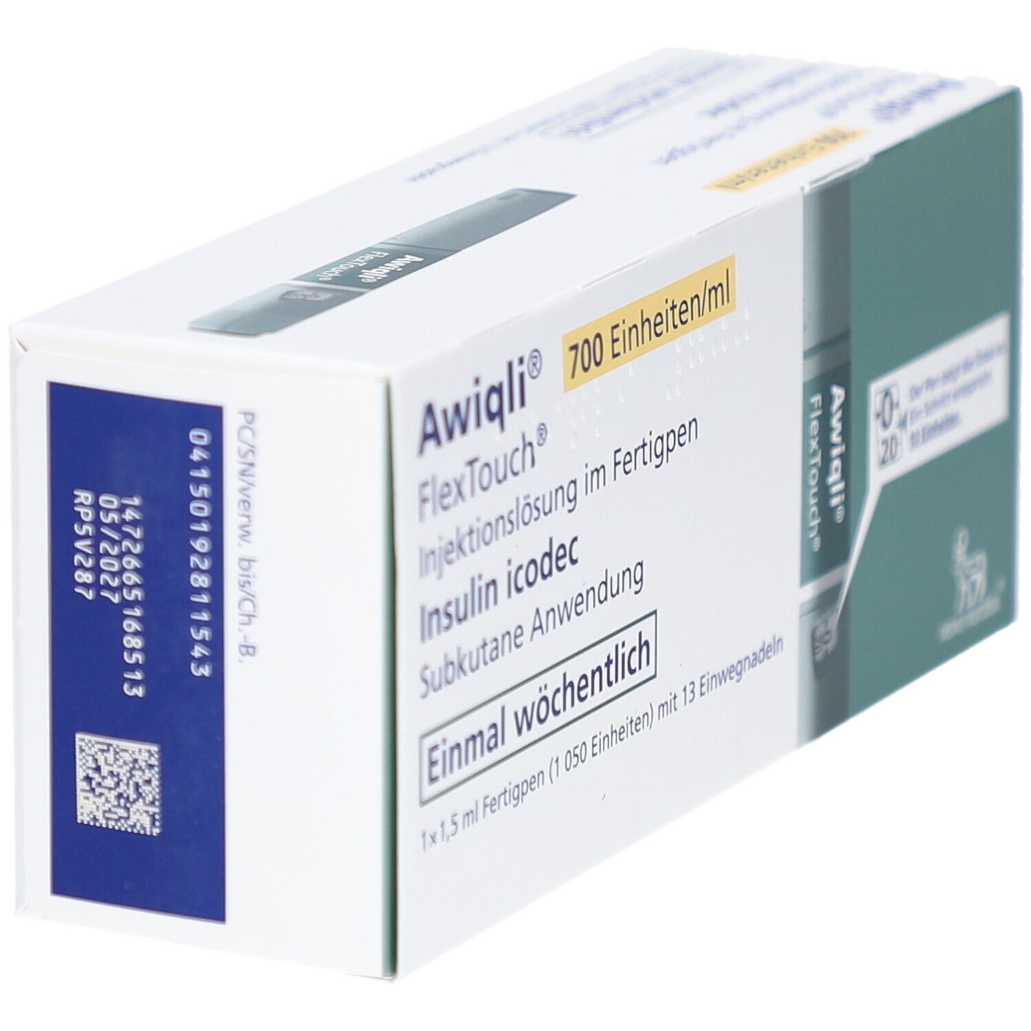 Awiqli FlexTouch-Verpackung. Enthält 700 Einheiten/ml. Injektionslösung im Fertigpen. Subkutane Anwendung. Einmal wöchentlich. Mit QR-Code.