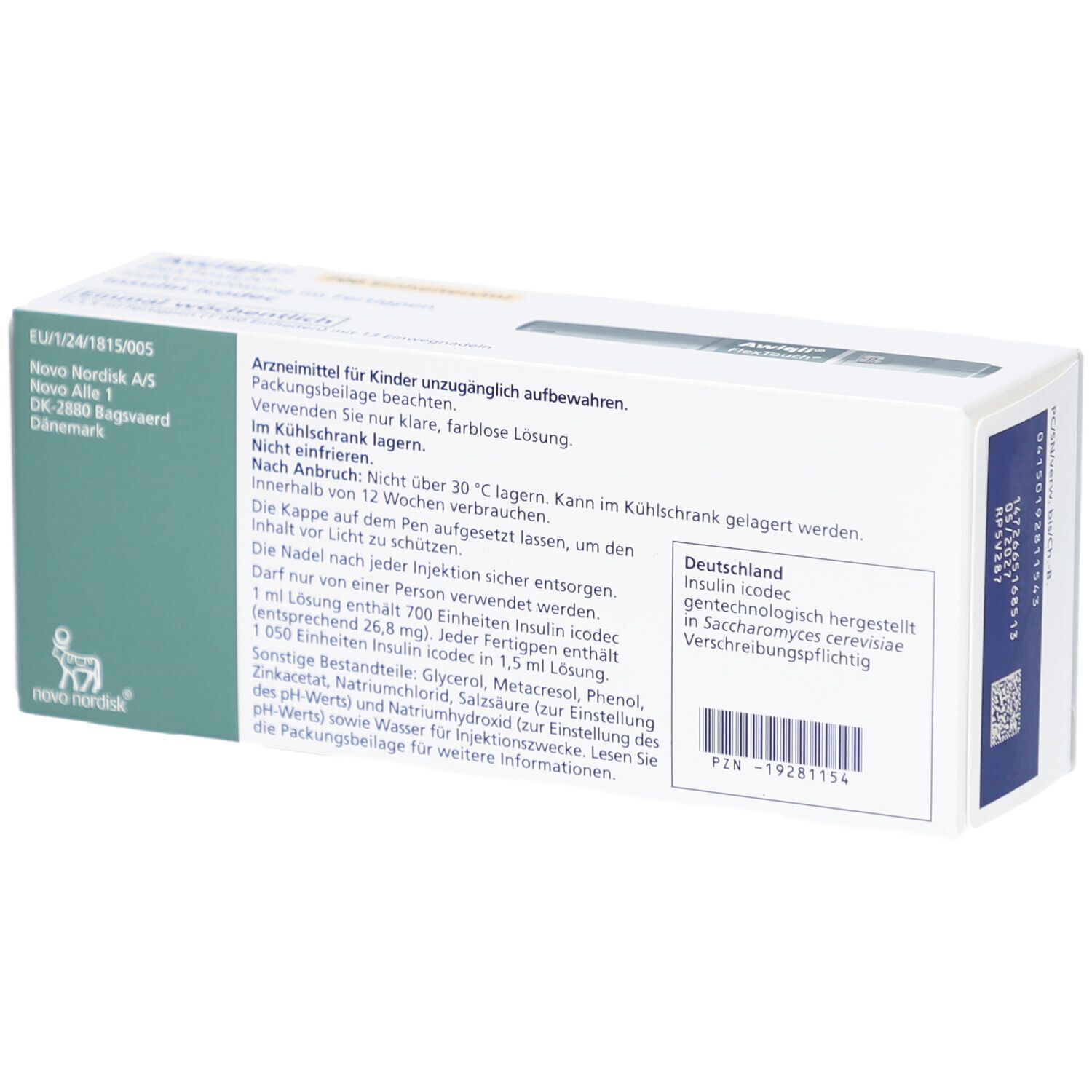 Rückseite der Awiqli FlexTouch-Verpackung. Enthält Informationen zu Inhaltsstoffen und Hersteller. Text in Deutsch.