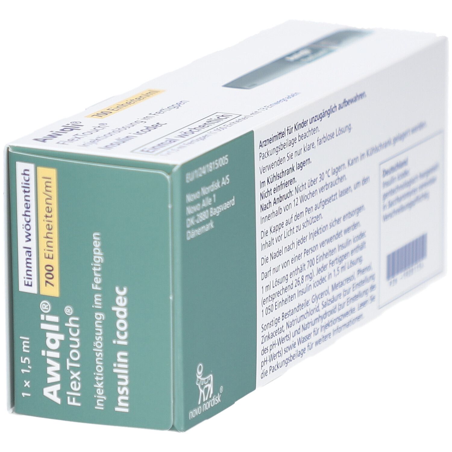 Awiqli FlexTouch-Verpackung. 700 Einheiten/ml. Injektionslösung im Fertigpen. Subkutane Anwendung. Einmal wöchentlich. Novo Nordisk Logo.