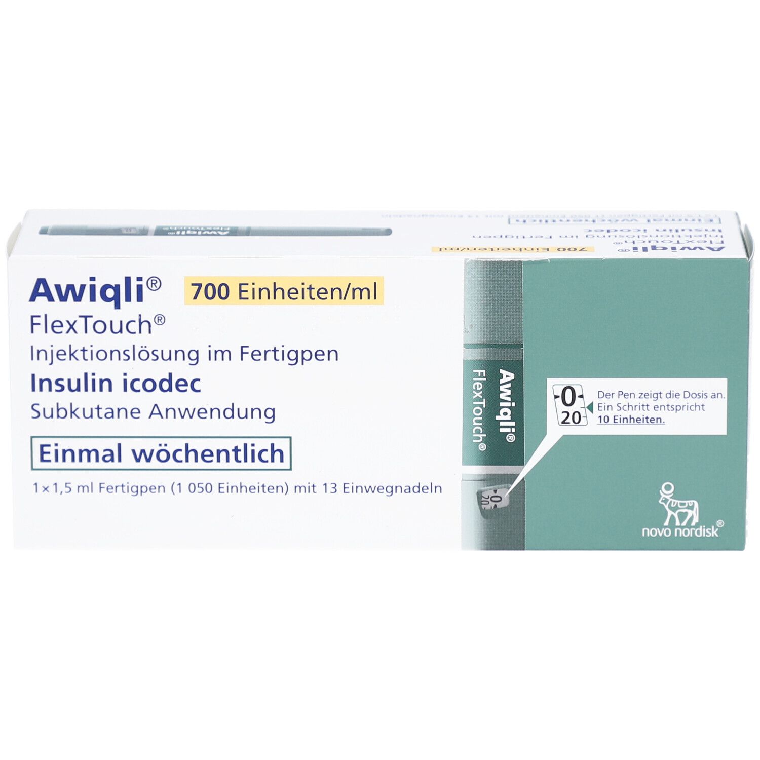 Awiqli FlexTouch-Verpackung. 700 Einheiten/ml. Fertigpen. Subkutane Anwendung. Einmal wöchentlich. Dosierungsanzeige.