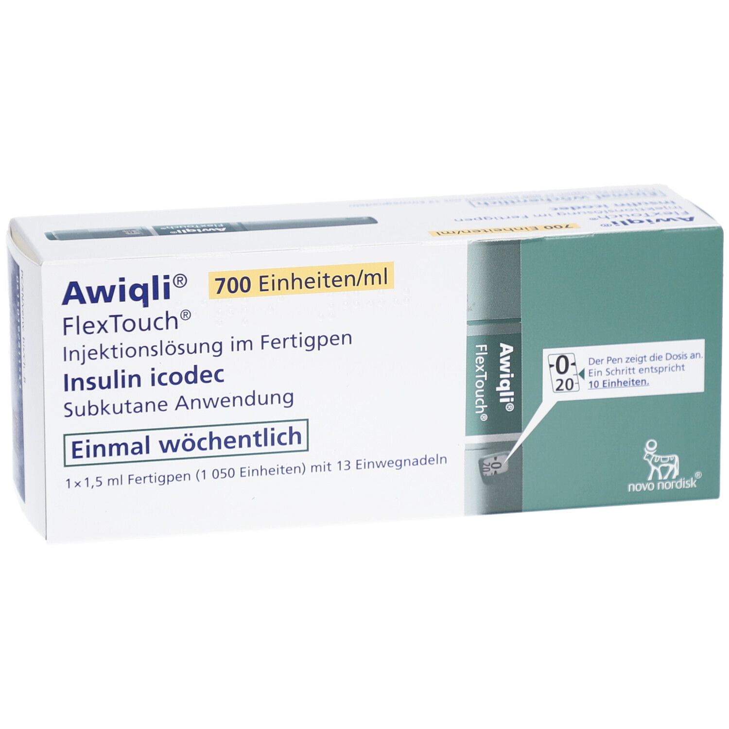 Awiqli FlexTouch-Verpackung. 700 Einheiten/ml. Fertigpen. Subkutane Anwendung. Einmal wöchentlich. Dosierungsanzeige.