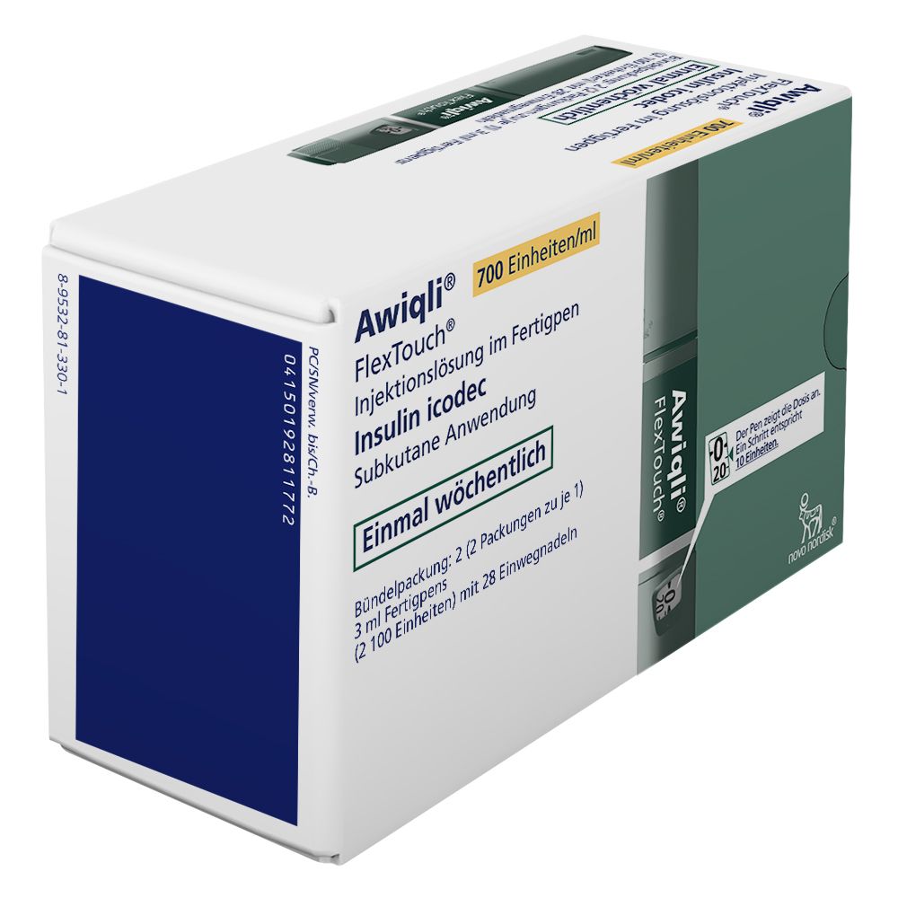 Verpackung von Awiqli FlexTouch. Enthält 2 Fertigpens und 28 Nadeln. Text: Insulin icodec, subkutane Anwendung, einmal wöchentlich.