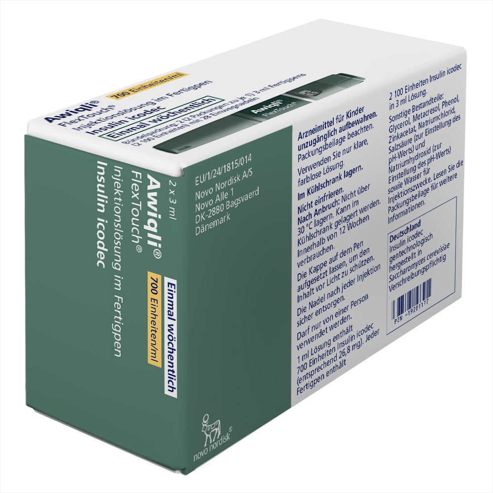 Verpackung von Awiqli FlexTouch. Enthält 2 Fertigpens und 28 Nadeln. Text: Insulin icodec, subkutane Anwendung, einmal wöchentlich.