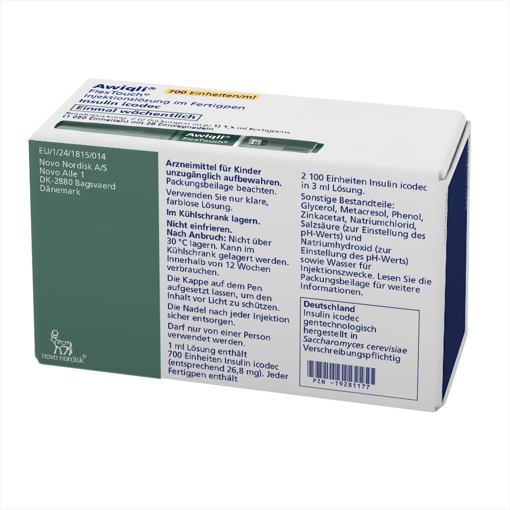 Verpackung von Awiqli FlexTouch. Enthält 2 Fertigpens und 28 Nadeln. Text: Insulin icodec, subkutane Anwendung, einmal wöchentlich.