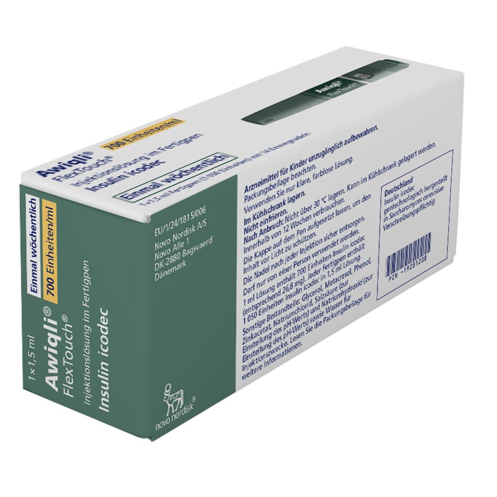 Awiqli FlexTouch Fertigpen-Packung. 700 Einheiten/ml. Injektionslösung. Enthält 14 Einwegnadeln. Novo Nordisk Logo.