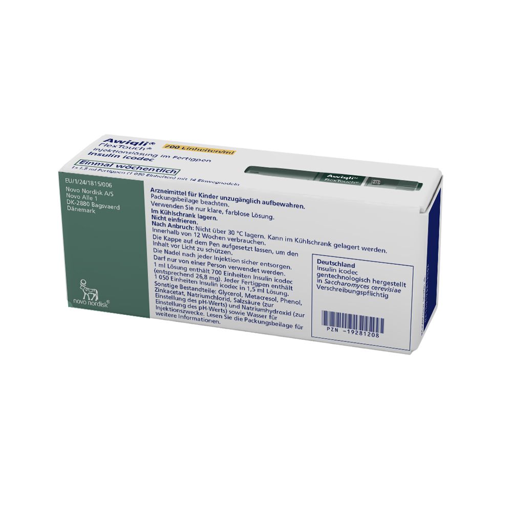 Awiqli FlexTouch Fertigpen-Packung. 700 Einheiten/ml. Injektionslösung. Enthält 14 Einwegnadeln. Novo Nordisk Logo.