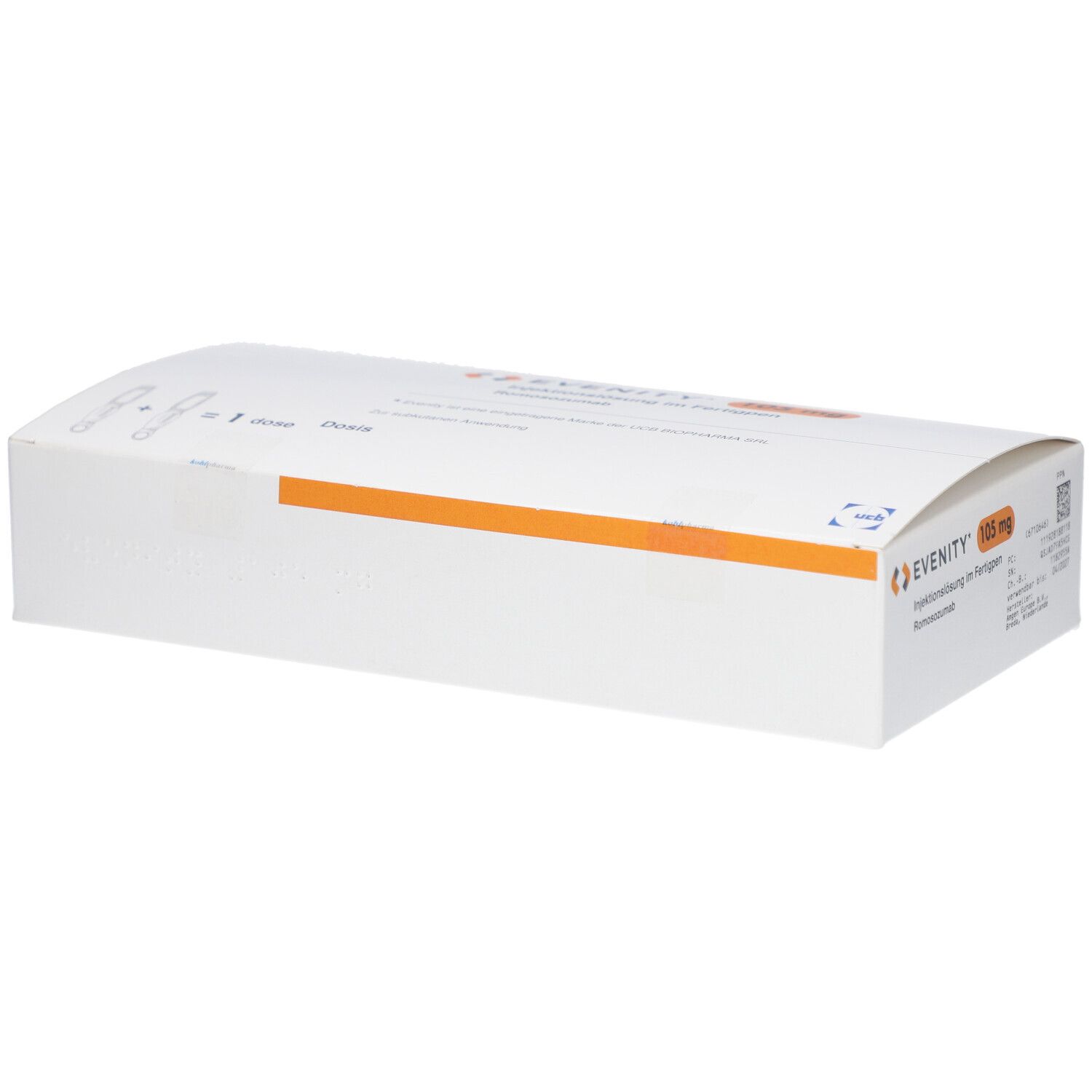 Weiße Verpackung mit orangefarbenem Streifen. Aufschrift: EVENITY 105 mg. Fertigpen-Injektionslösung.