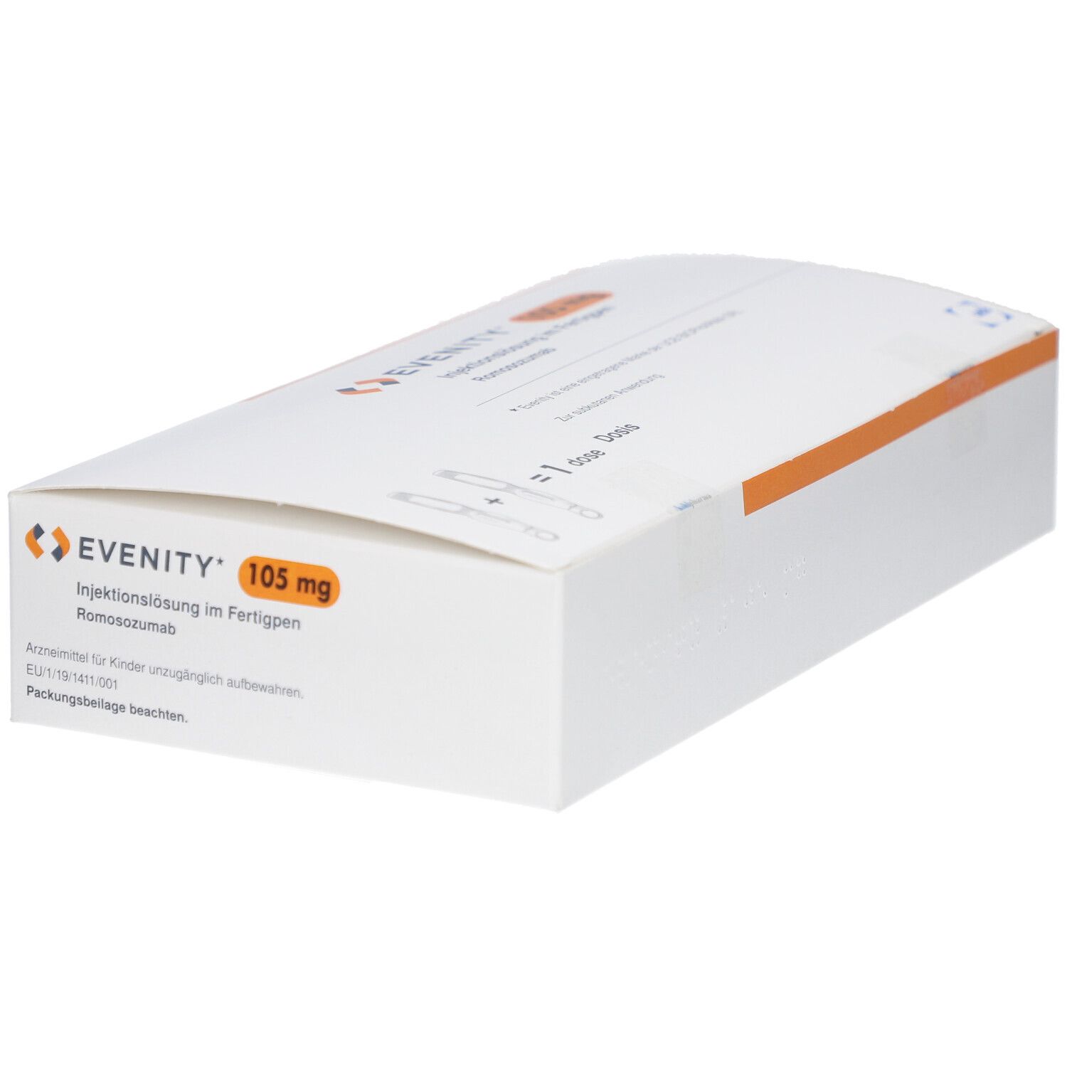 Weiße Verpackung mit orangefarbenem Streifen. Aufschrift: EVENITY 105 mg. Fertigpen-Injektionslösung. Romosozumab.