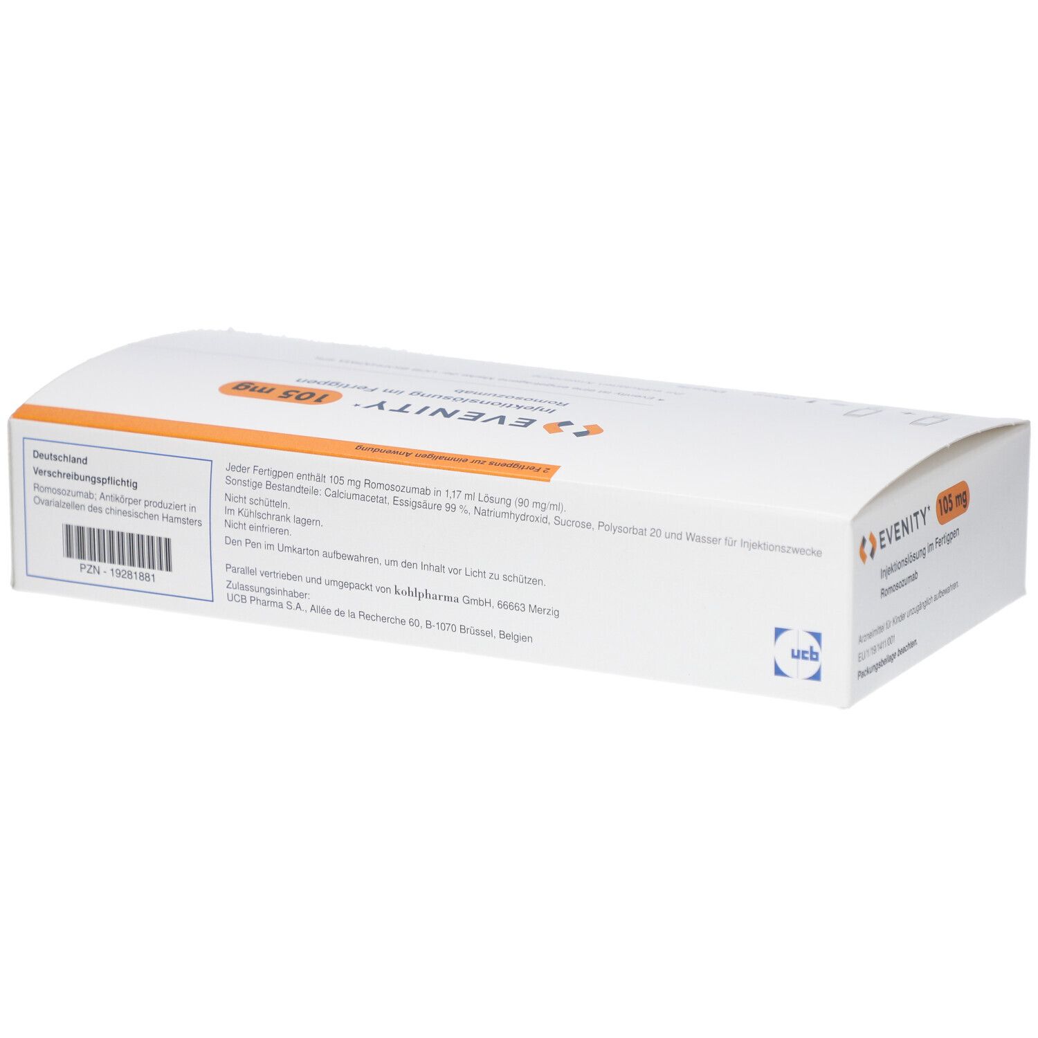 Weiße Verpackung mit orangefarbenem Streifen. Aufschrift: EVENITY 105 mg. Fertigpen-Injektionslösung. Textinformationen.