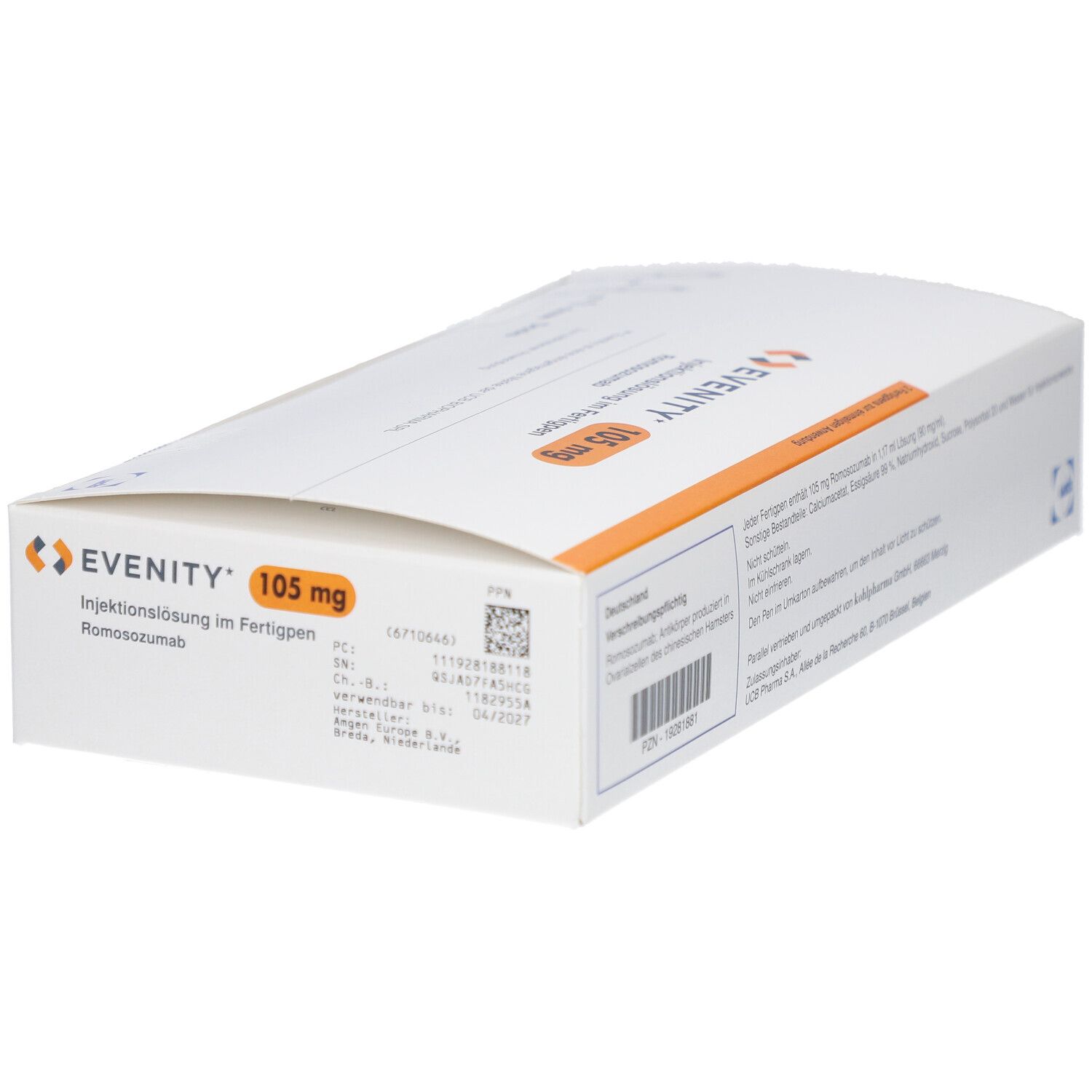 Weiße Verpackung mit orangefarbenem Streifen. Aufschrift: EVENITY 105 mg. Fertigpen-Injektionslösung. Barcode.