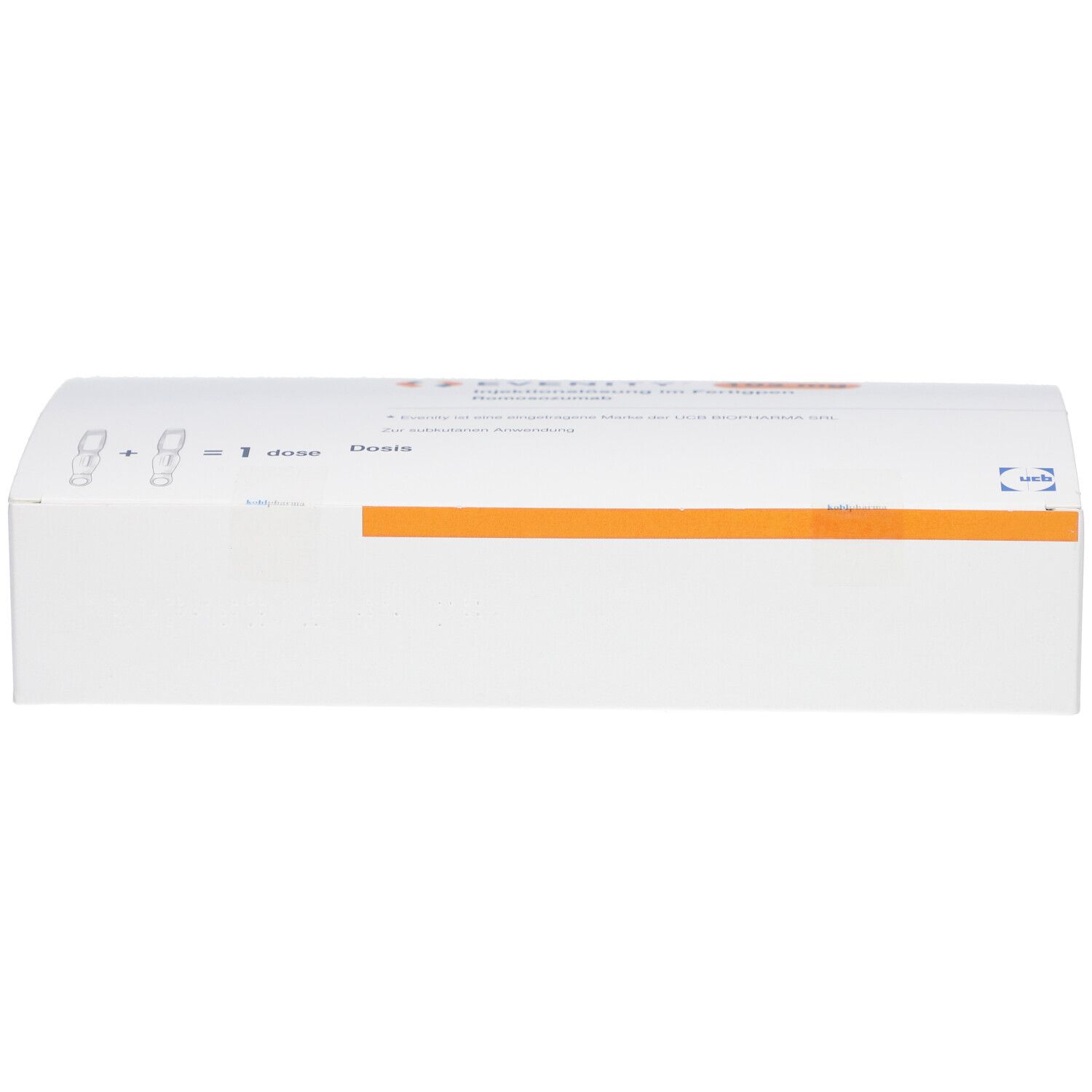 Weiße Verpackung mit orangefarbenem Streifen. Aufschrift: EVENITY 105 mg. Fertigpen-Injektionslösung. Abbildung eines Pens.