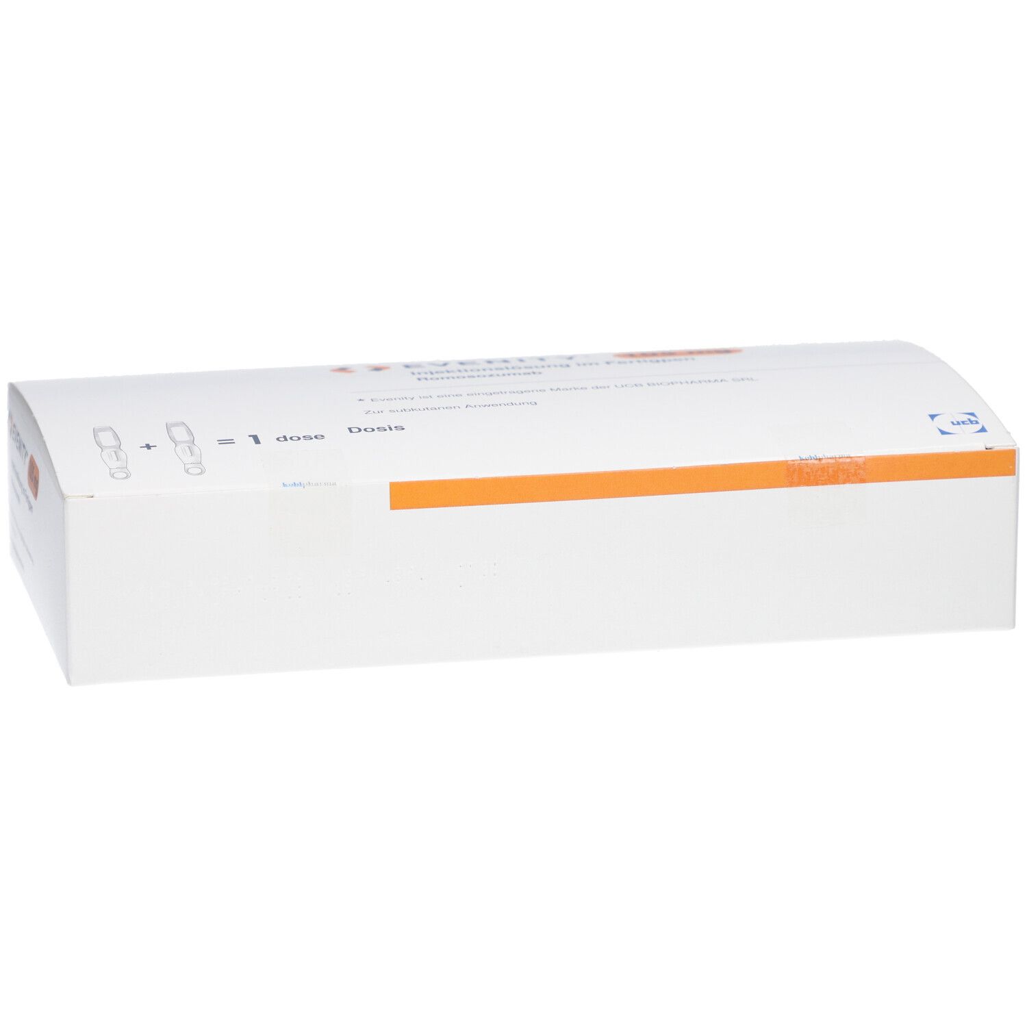 Weiße Verpackung mit orangefarbenem Streifen. Aufschrift: EVENITY 105 mg. Fertigpen-Injektionslösung. Abbildung eines Pens.