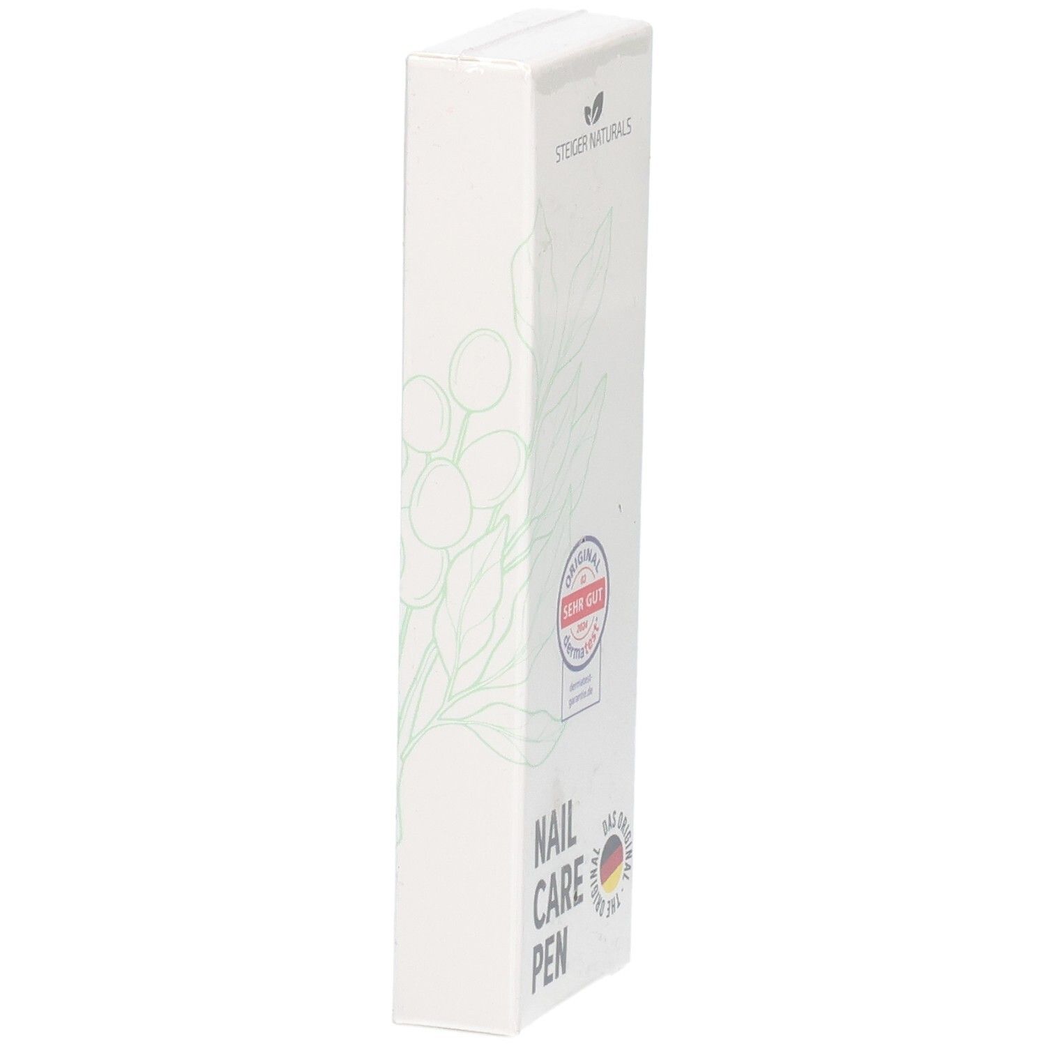 Seitenansicht der Verpackung des Nail Care Pen mit Blattmotiv.