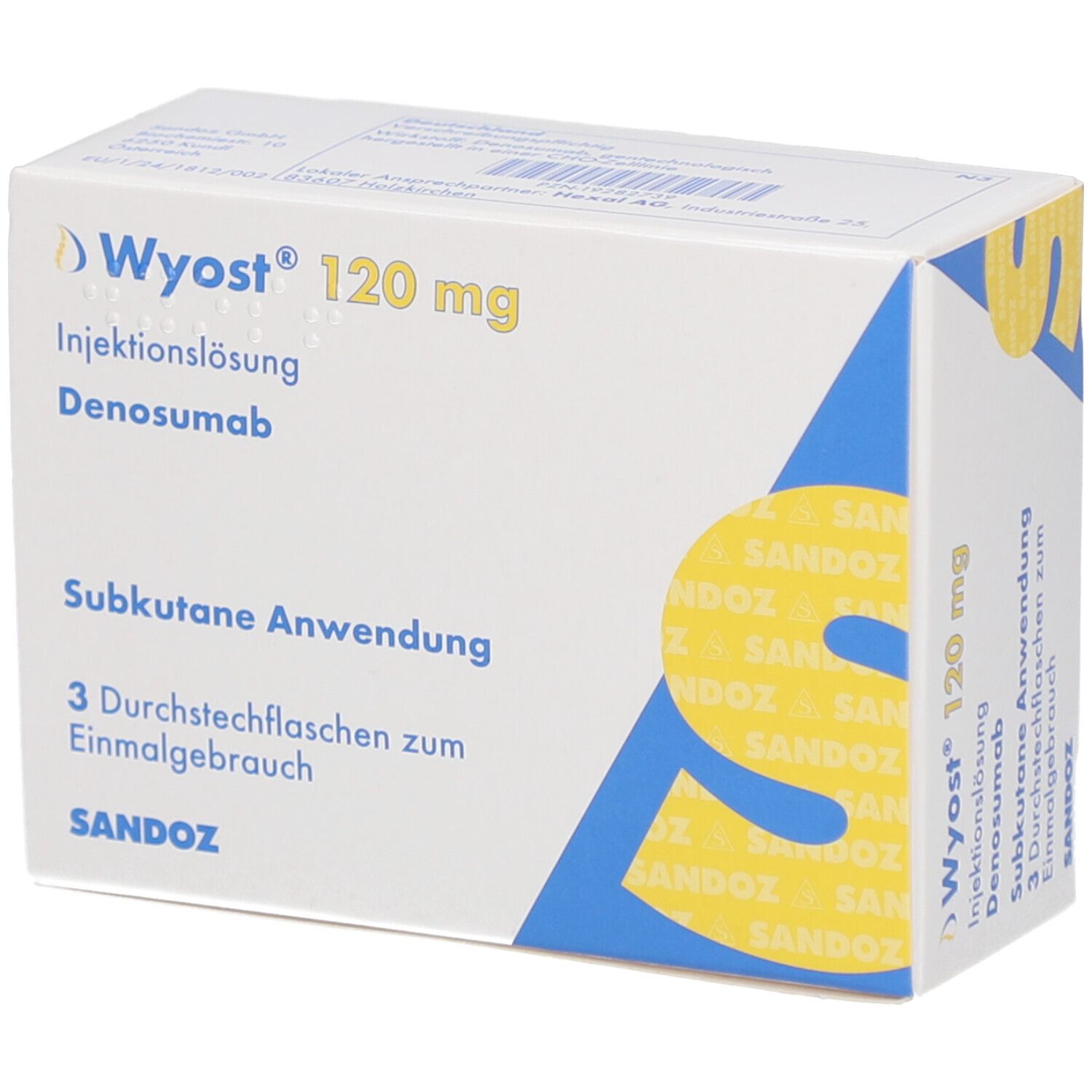 Karton von Wyost 120 mg Injektionslösung. Enthält 3 Durchstechflaschen. Sandoz Logo. Blaue und gelbe Designelemente.