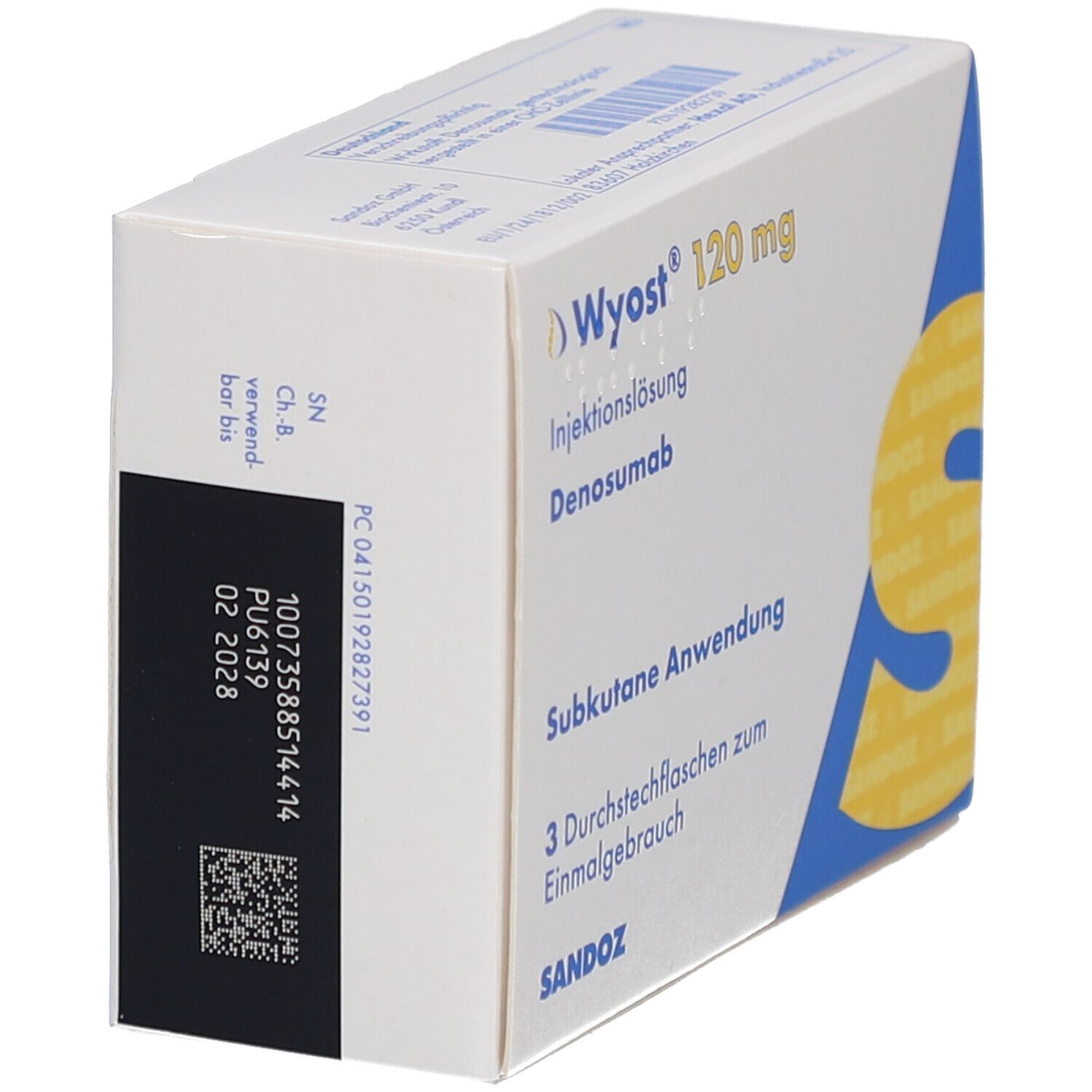 Karton von Wyost 120 mg. Seitenansicht mit Text und Barcode. Sandoz Logo. Verfallsdatum 02 2028.