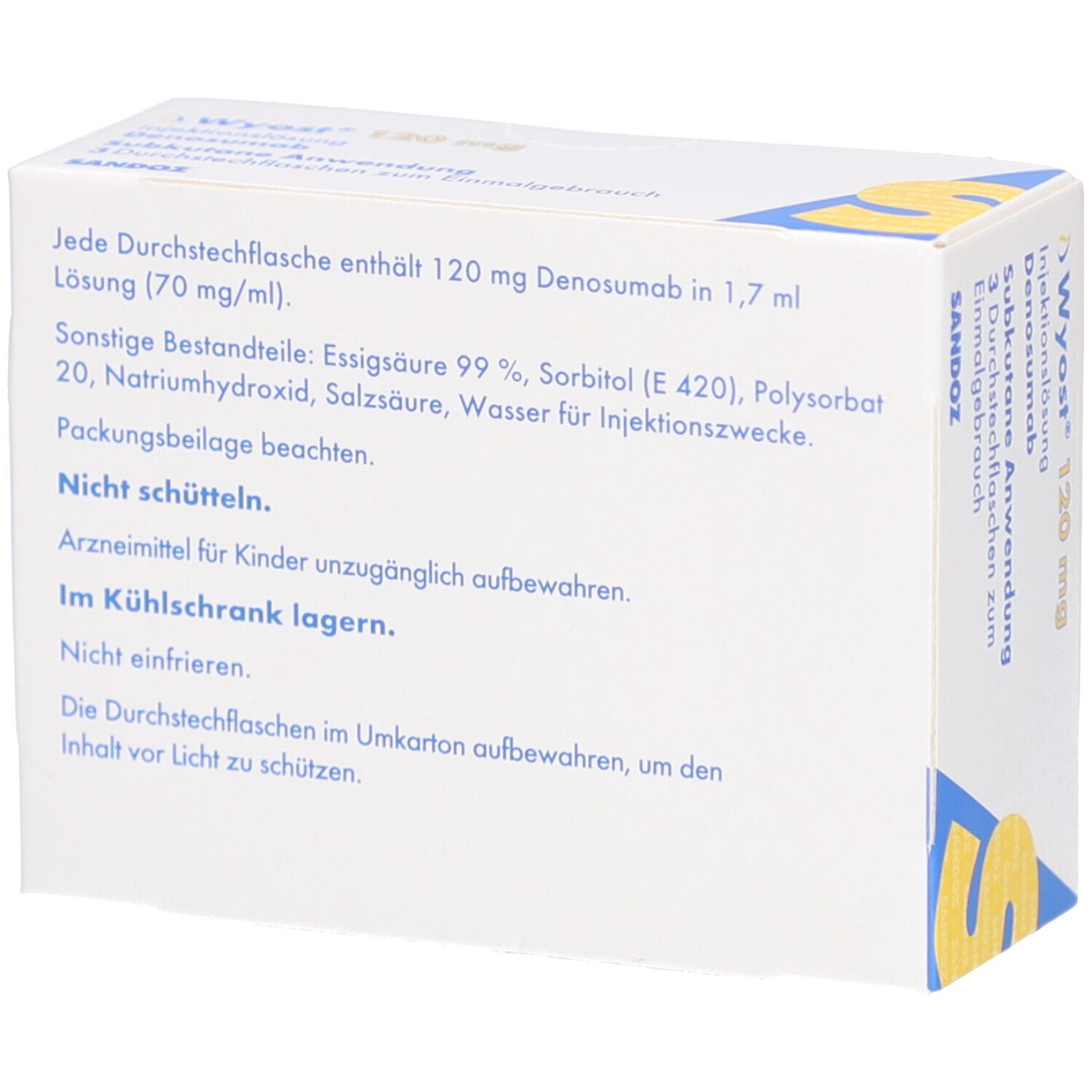 Rückseite der Wyost 120 mg Packung. Text mit Inhaltsstoffen und Lagerhinweisen. Sandoz Logo.