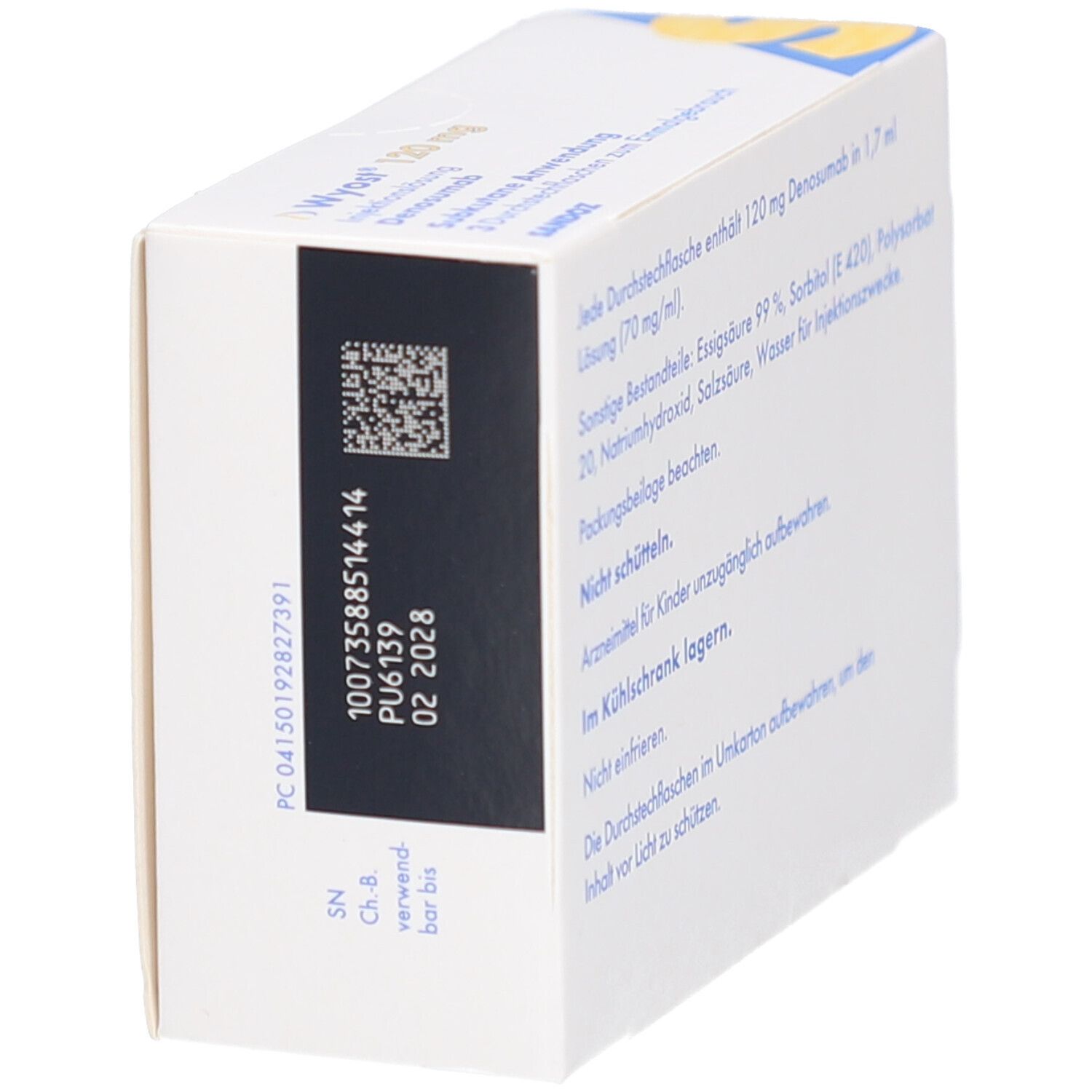 Seitenansicht der Wyost 120 mg Packung. Text und Barcode. Sandoz Logo. Verfallsdatum 02 2028.