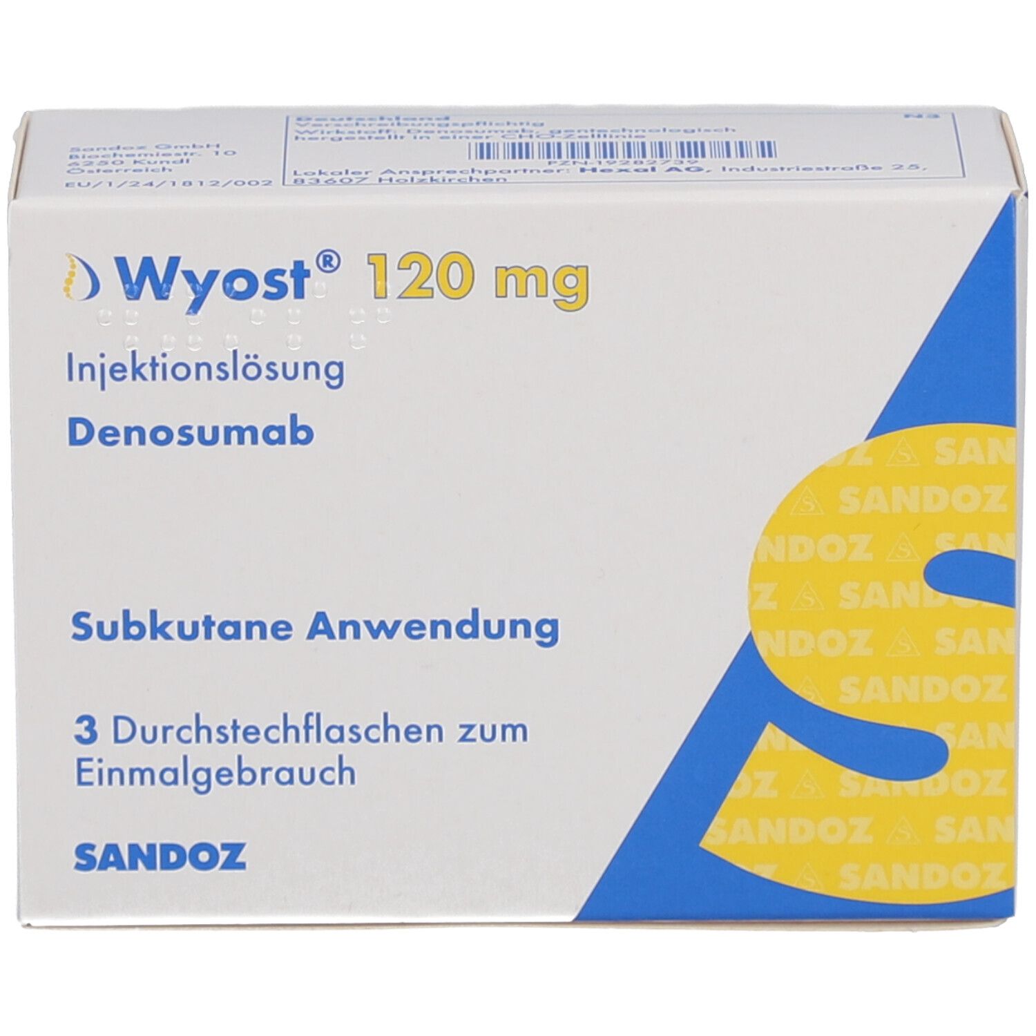 Wyost 120 mg Packung. Vorderansicht. Enthält 3 Durchstechflaschen. Sandoz Logo. Blaue und gelbe Designelemente.