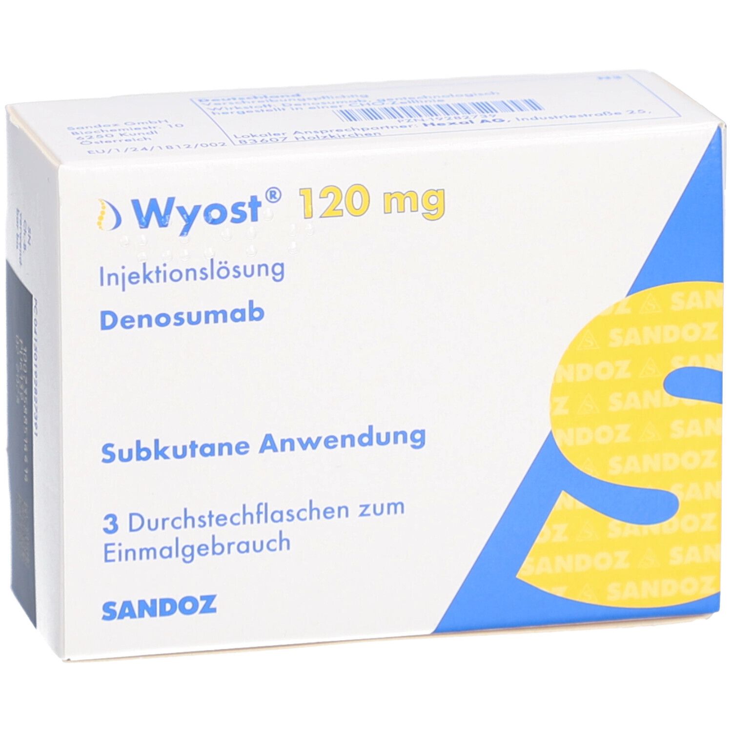 Wyost 120 mg Packung. Vorderansicht. Enthält 3 Durchstechflaschen. Sandoz Logo. Blaue und gelbe Designelemente.