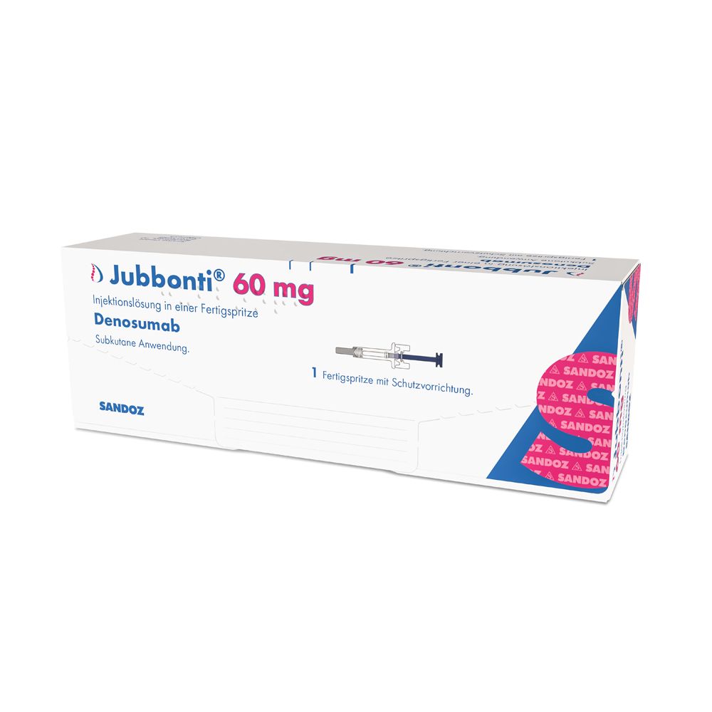 JUBBONTI 60 mg Injektionslösung in Fertigspritze, Denosumab, subkutane Anwendung, Sandoz.
