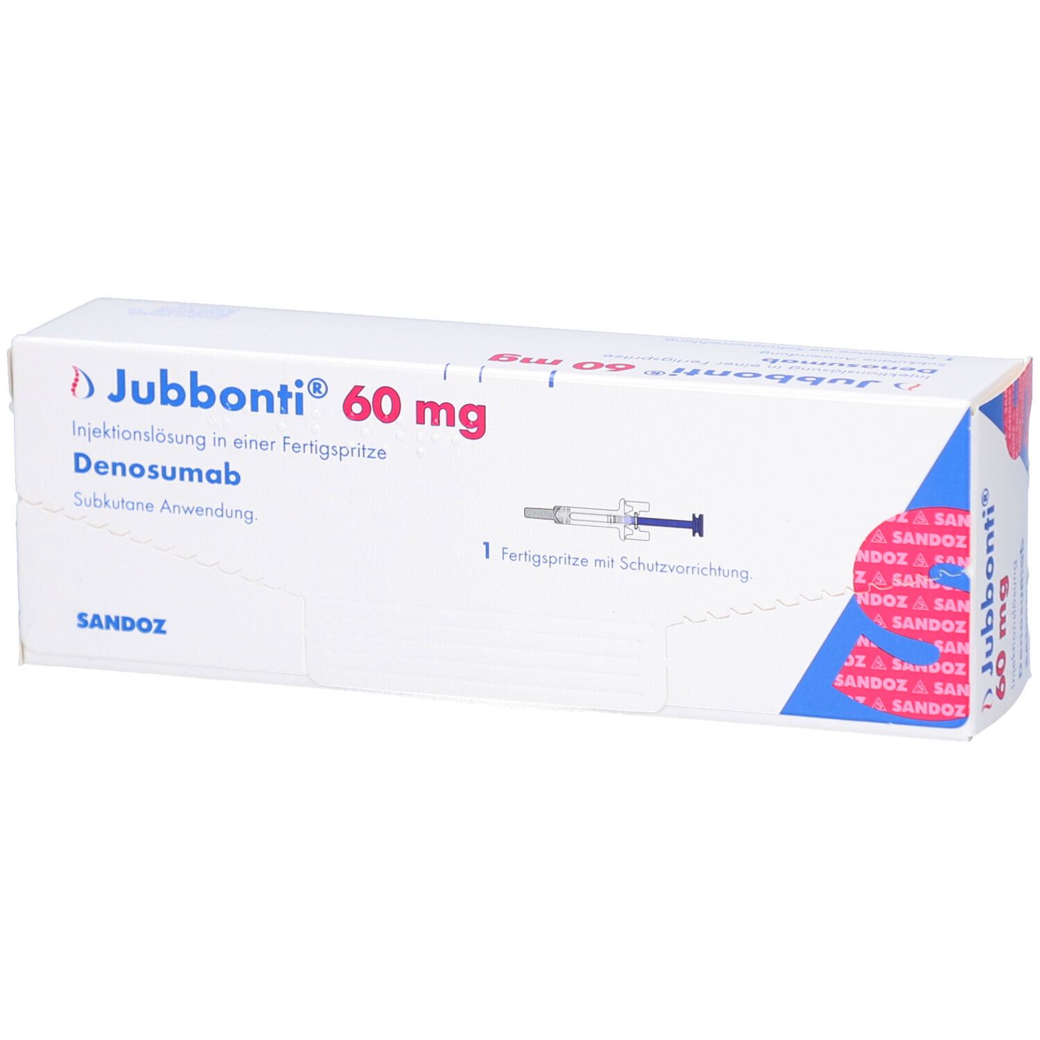 Verpackung von Jubbonti 60 mg. Fertigspritze mit Injektionslösung. Enthält Denosumab. Sandoz-Logo.